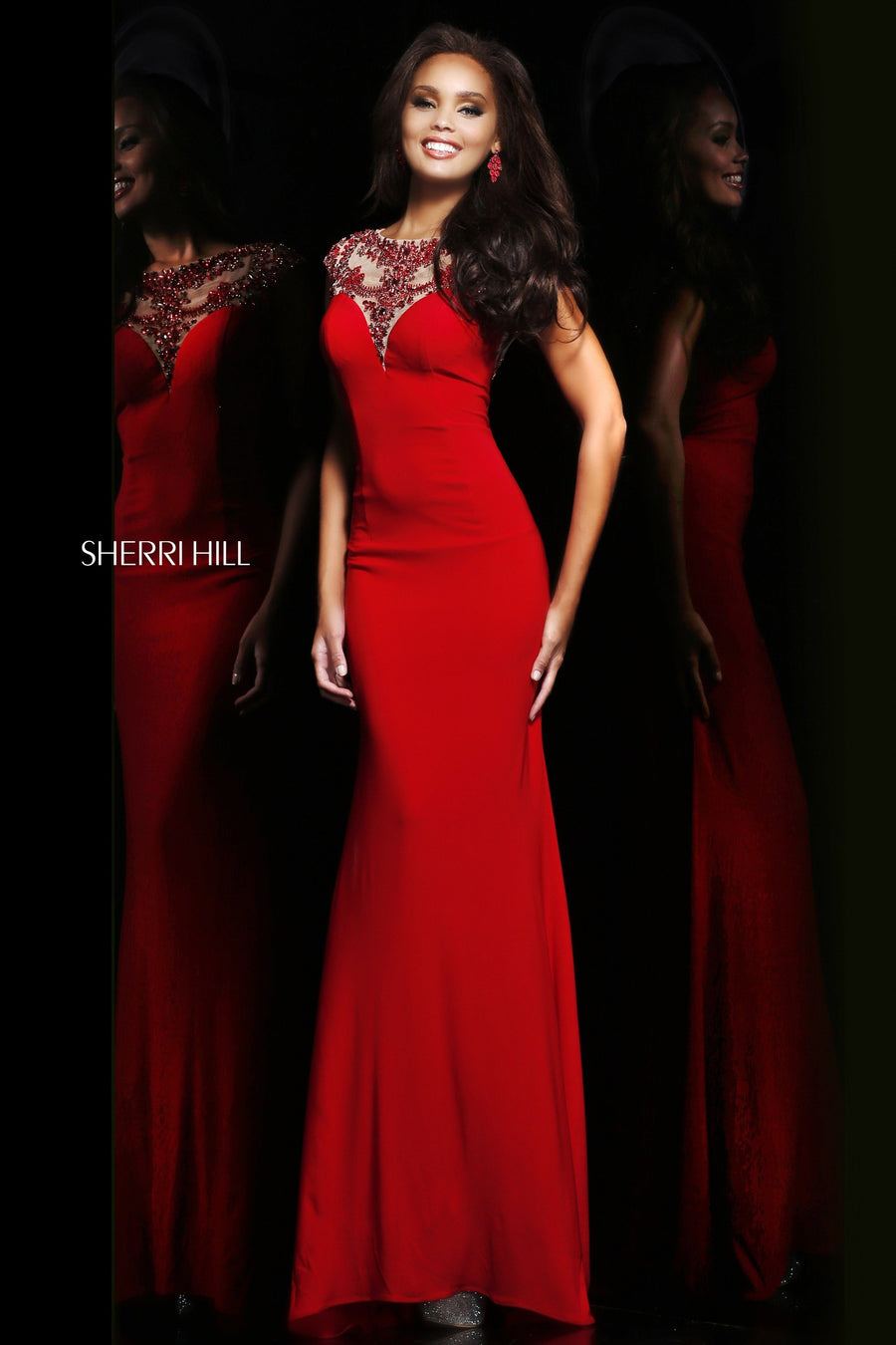 Sherri Hill style 21351 in nude/red, Fitted Jersey Gown with Beaded Neckline