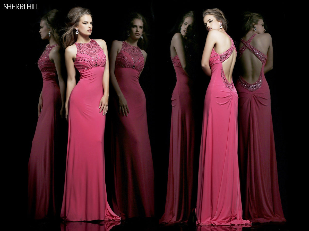 Sherri Hill 11106 high-neck fitted jersey gown with beaded bodice