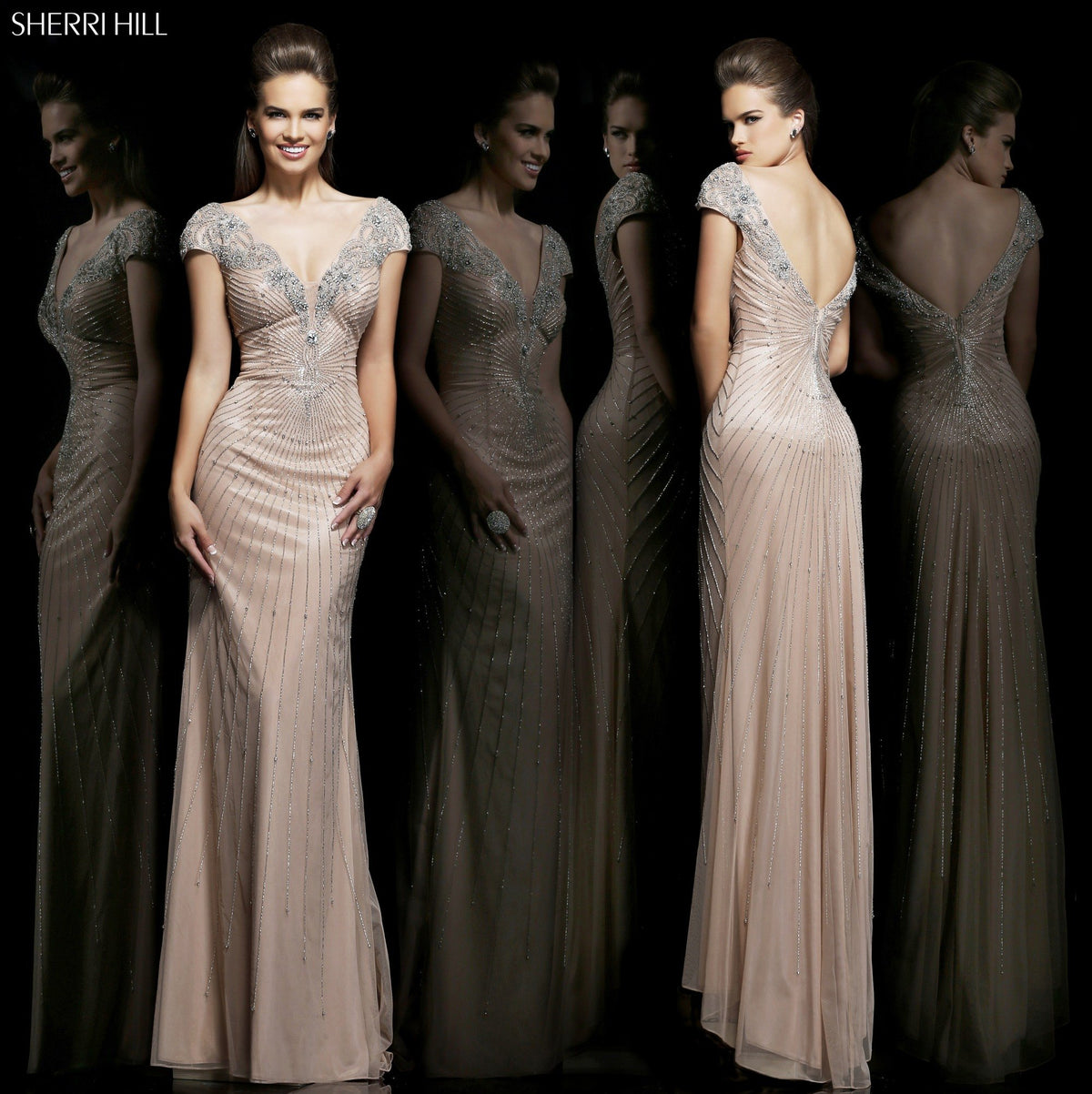Sherri Hill 11103 cap-sleeve beaded fitted gown in nude/silver