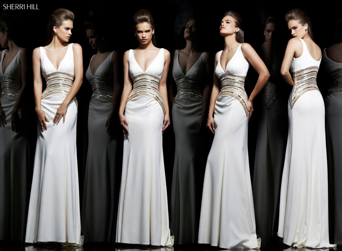 Sherri Hill 11104 V-neck beaded fitted jersey gown in white/gold
