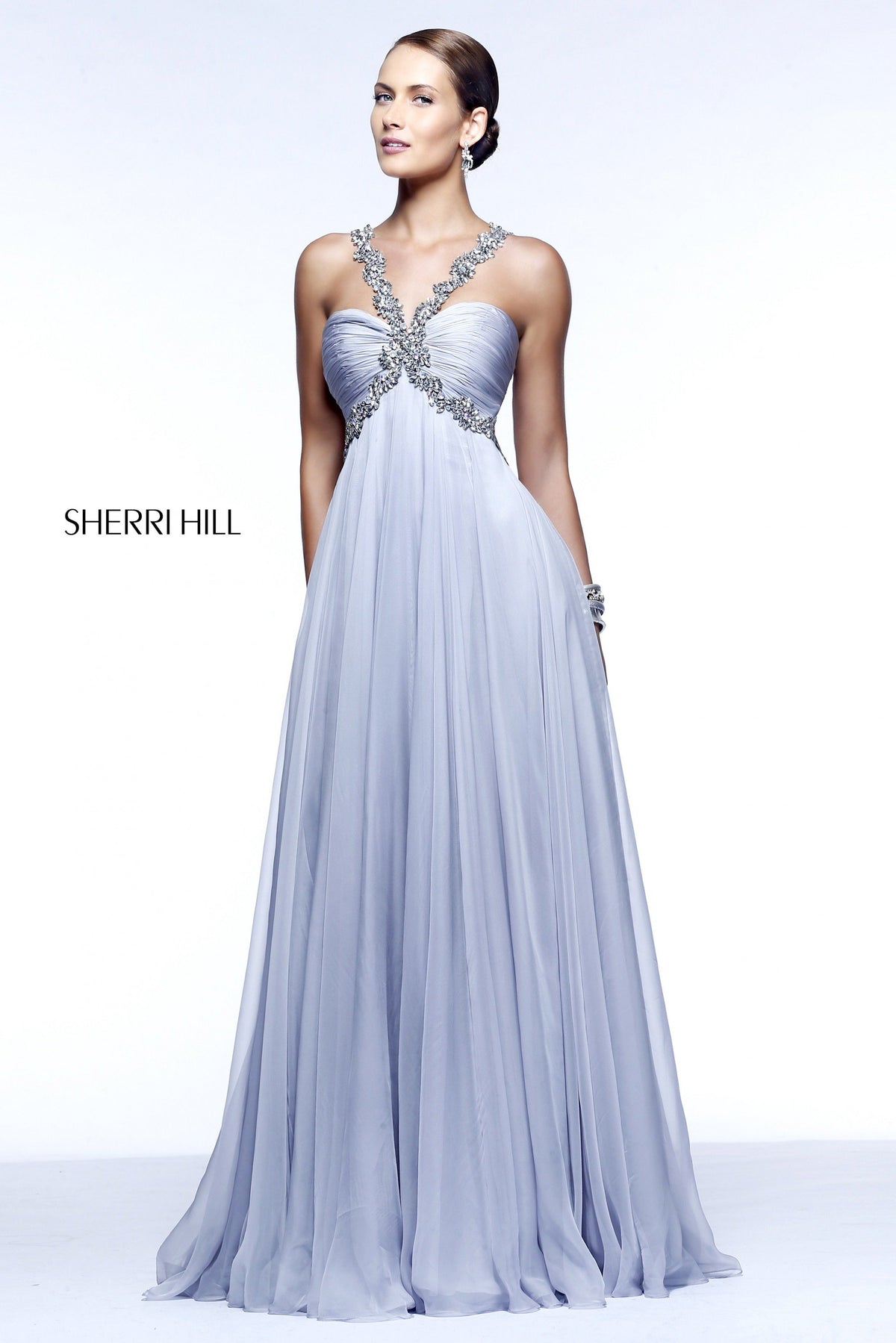 Sherri Hill 11072 one-shoulder chiffon gown in silver