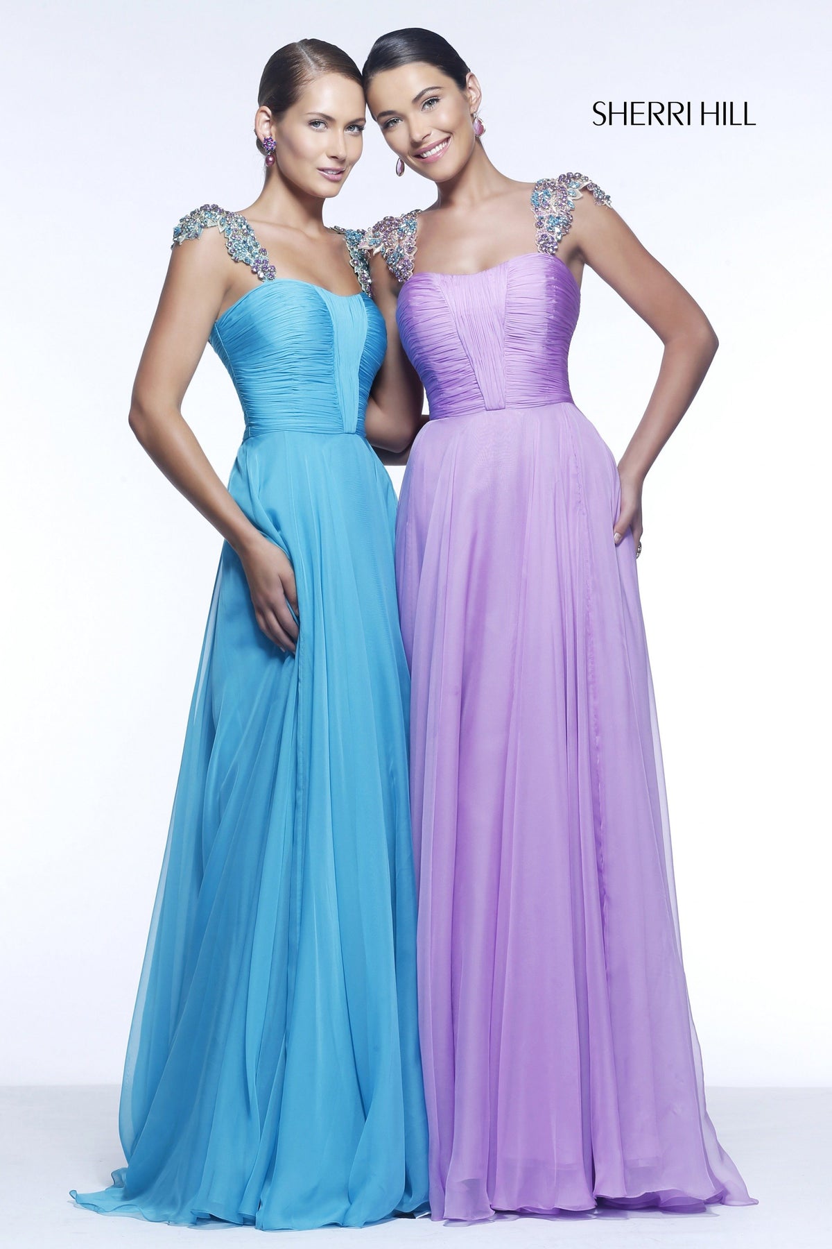 Sherri Hill 11087 cap-sleeve ruched chiffon gown in turquoise