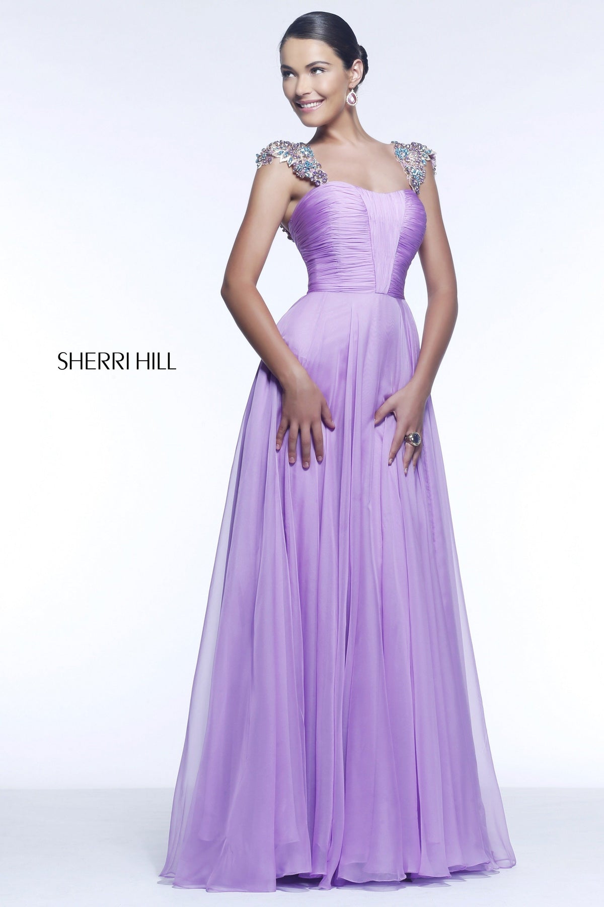 Sherri Hill 11087 cap-sleeve ruched chiffon gown
