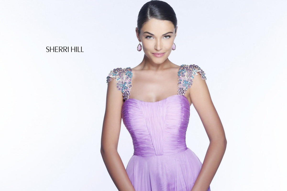 Sherri Hill 11087 cap-sleeve ruched chiffon gown in lavender