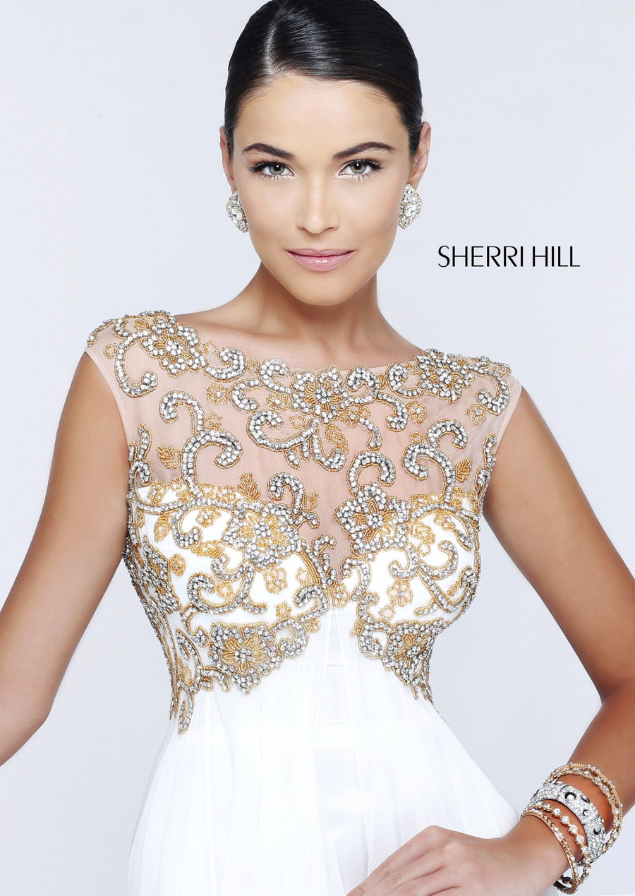 Sherri Hill style 11108 in ivory/gold, Cap-Sleeve Beaded Bodice Dress