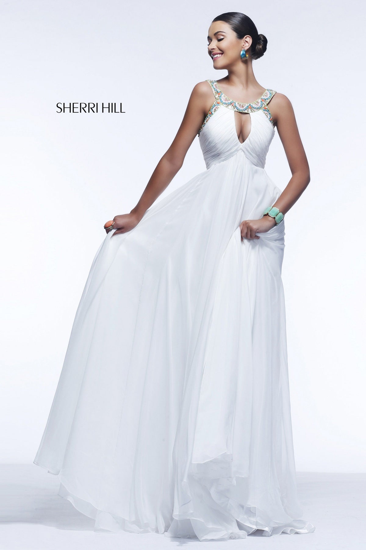 Sherri Hill 11109 halter chiffon gown with beaded keyhole neckline in white/multi
