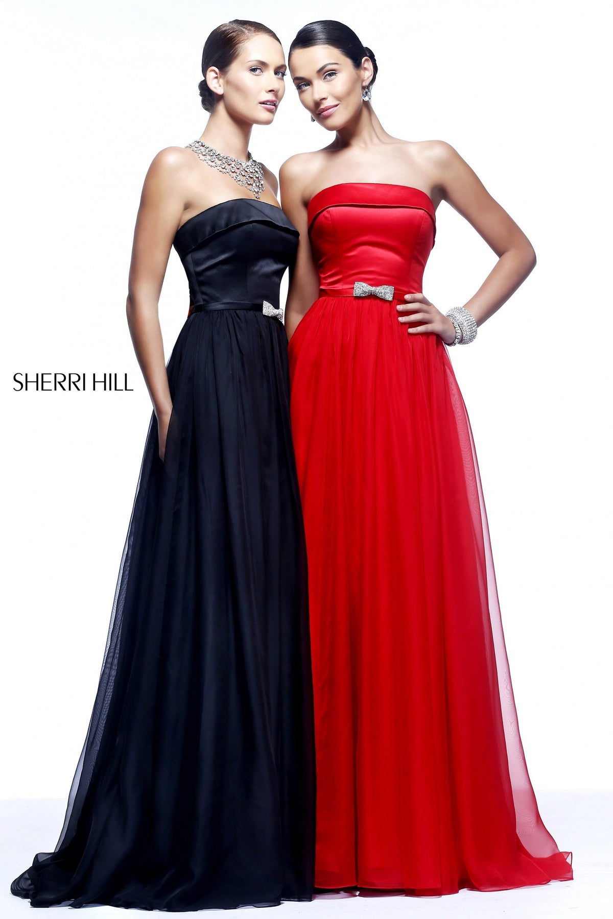 Sherri Hill 21337 strapless chiffon gown with beaded waist