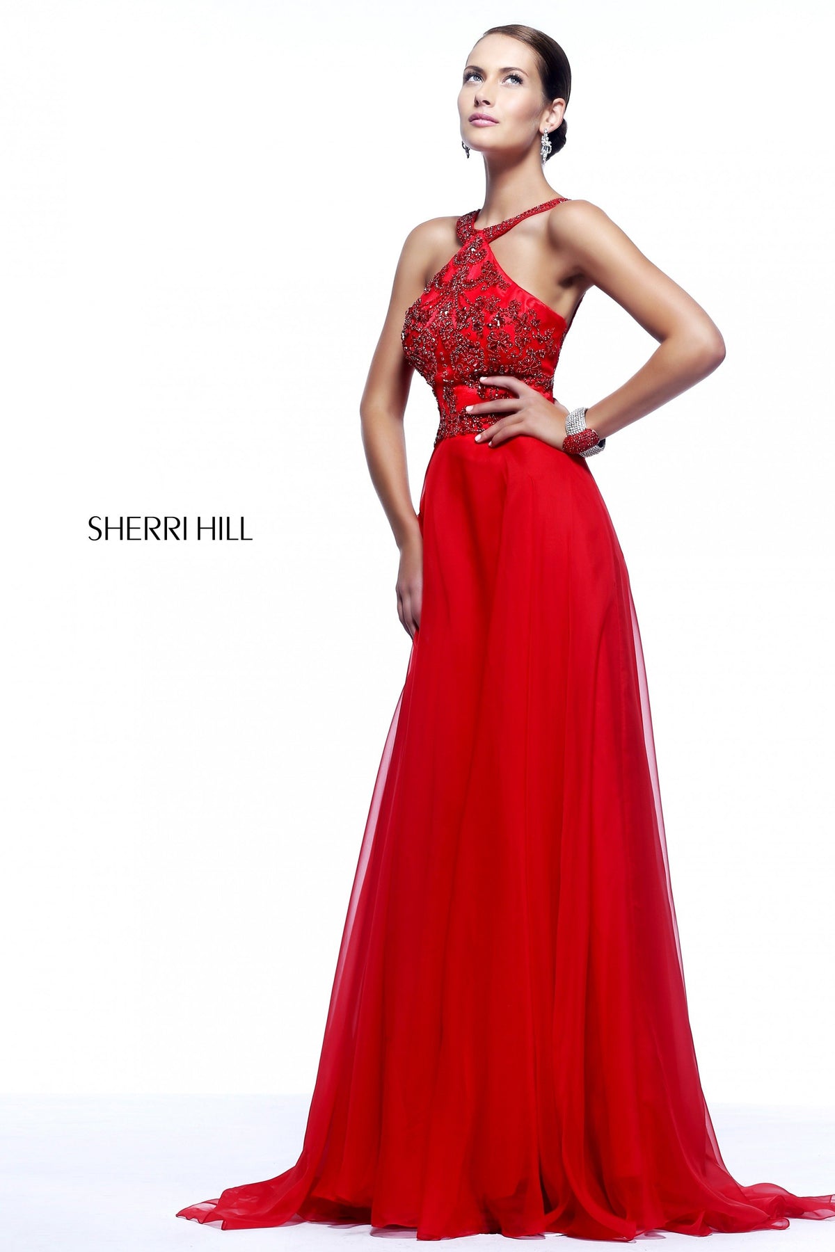 Sherri Hill 21338 halter chiffon gown with beaded bodice in red