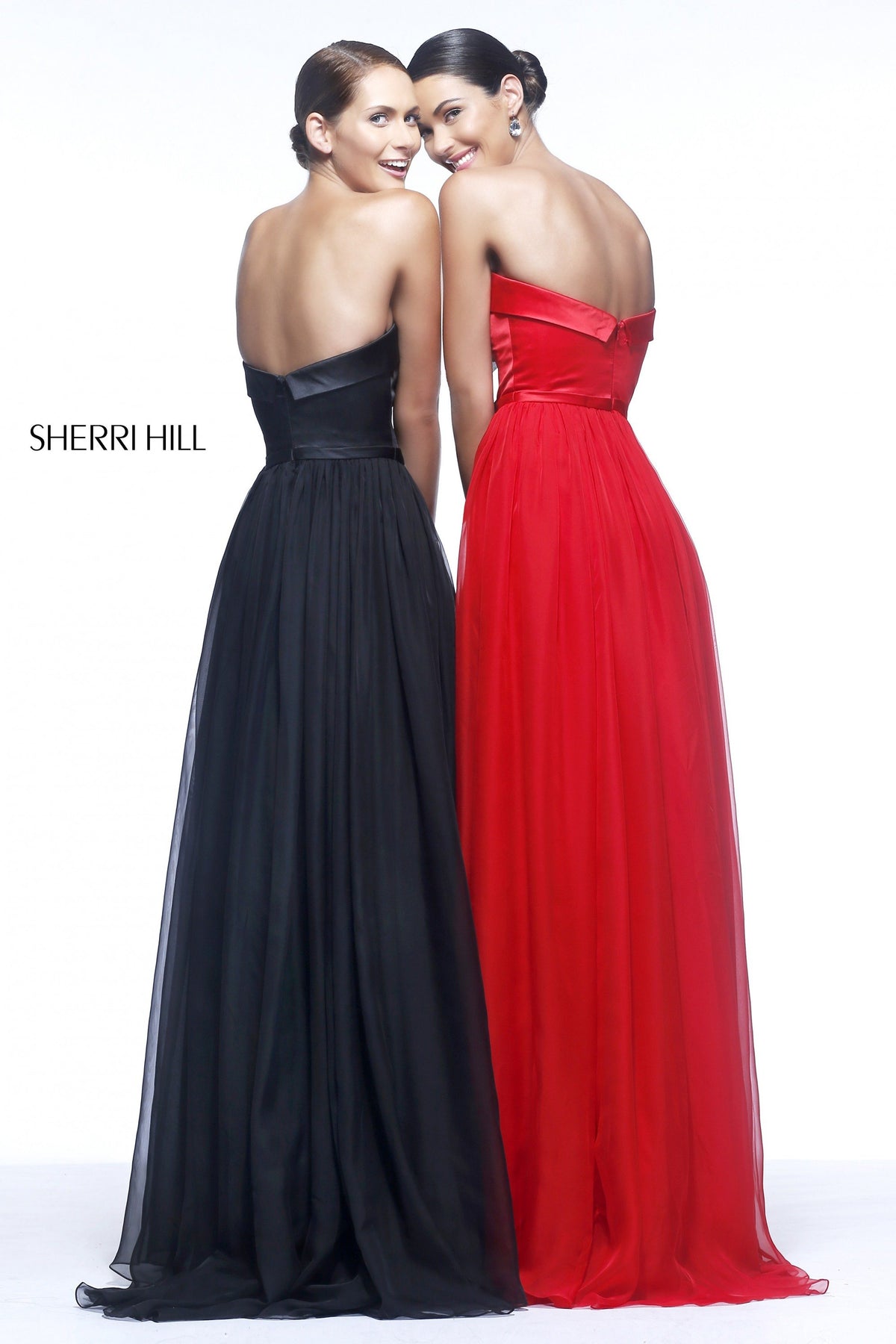 Sherri Hill 21337 strapless chiffon gown with beaded waist in black