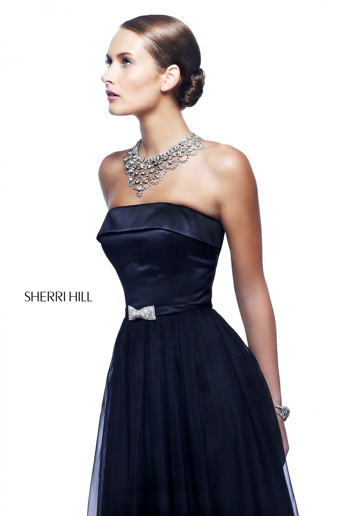 Sherri Hill 21337 strapless chiffon gown with beaded waist