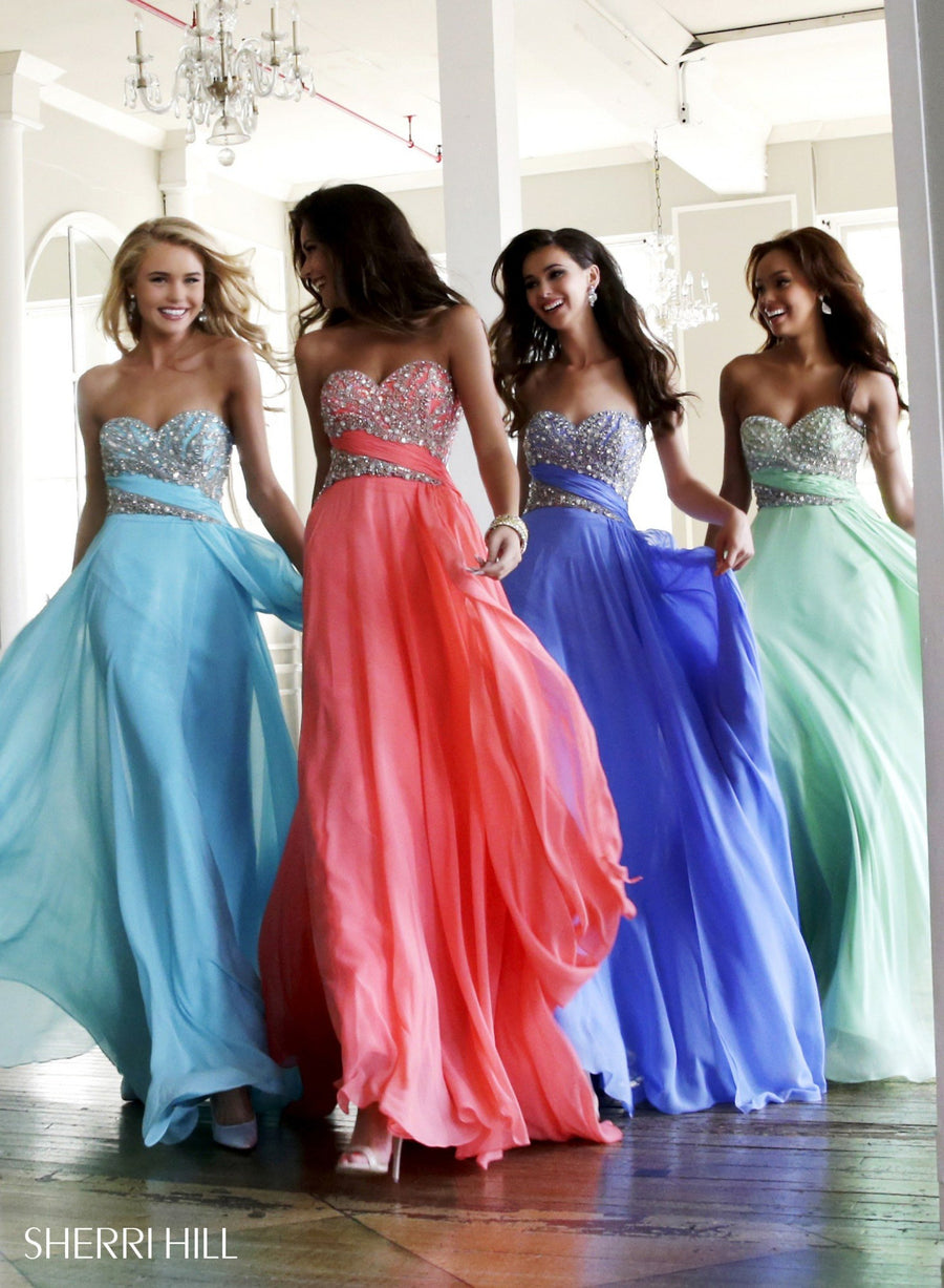 Sherri Hill style 3914 in aqua, Strapless Beaded Chiffon Gown