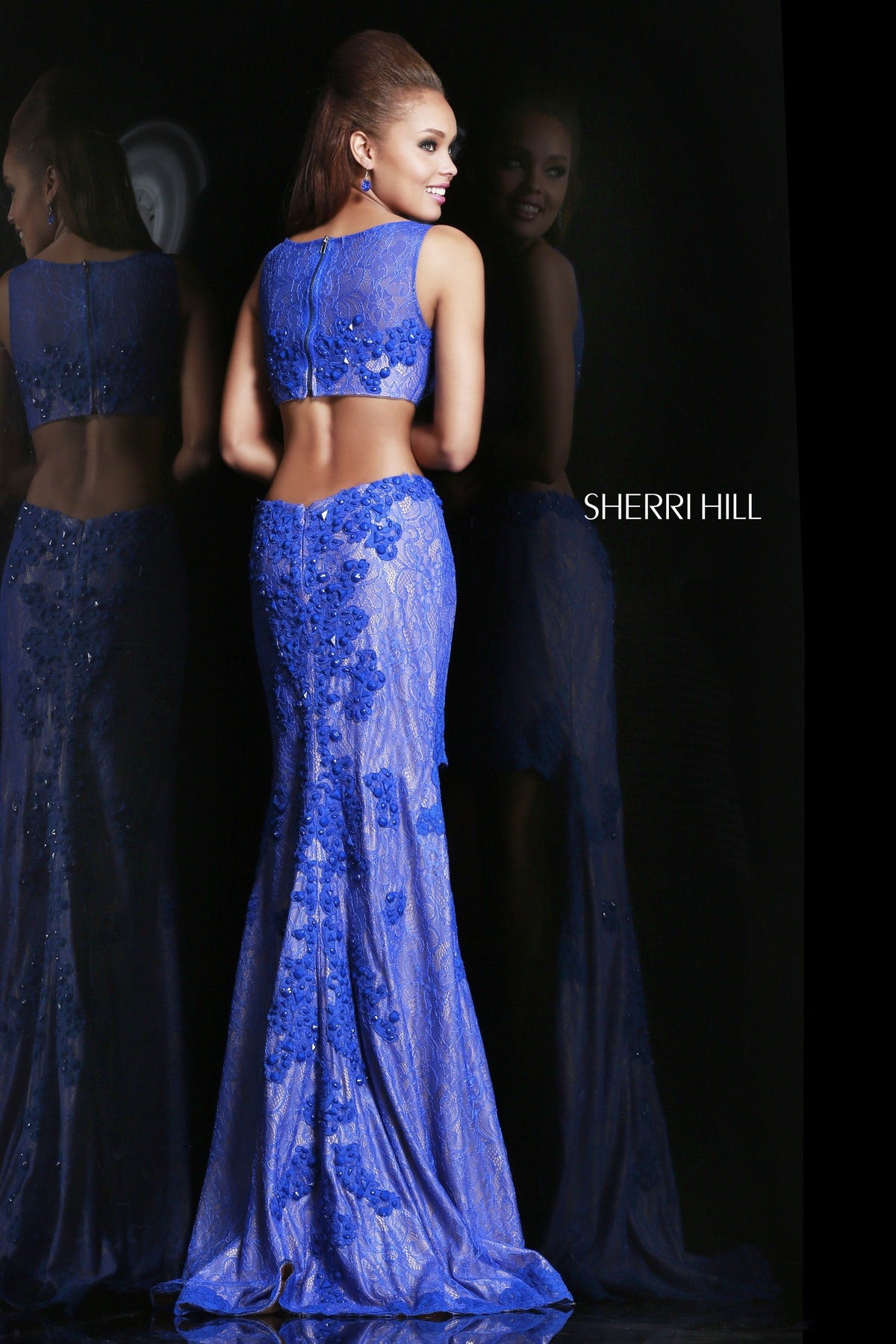 Sherri Hill 4324 lace fitted gown with cutouts and slit