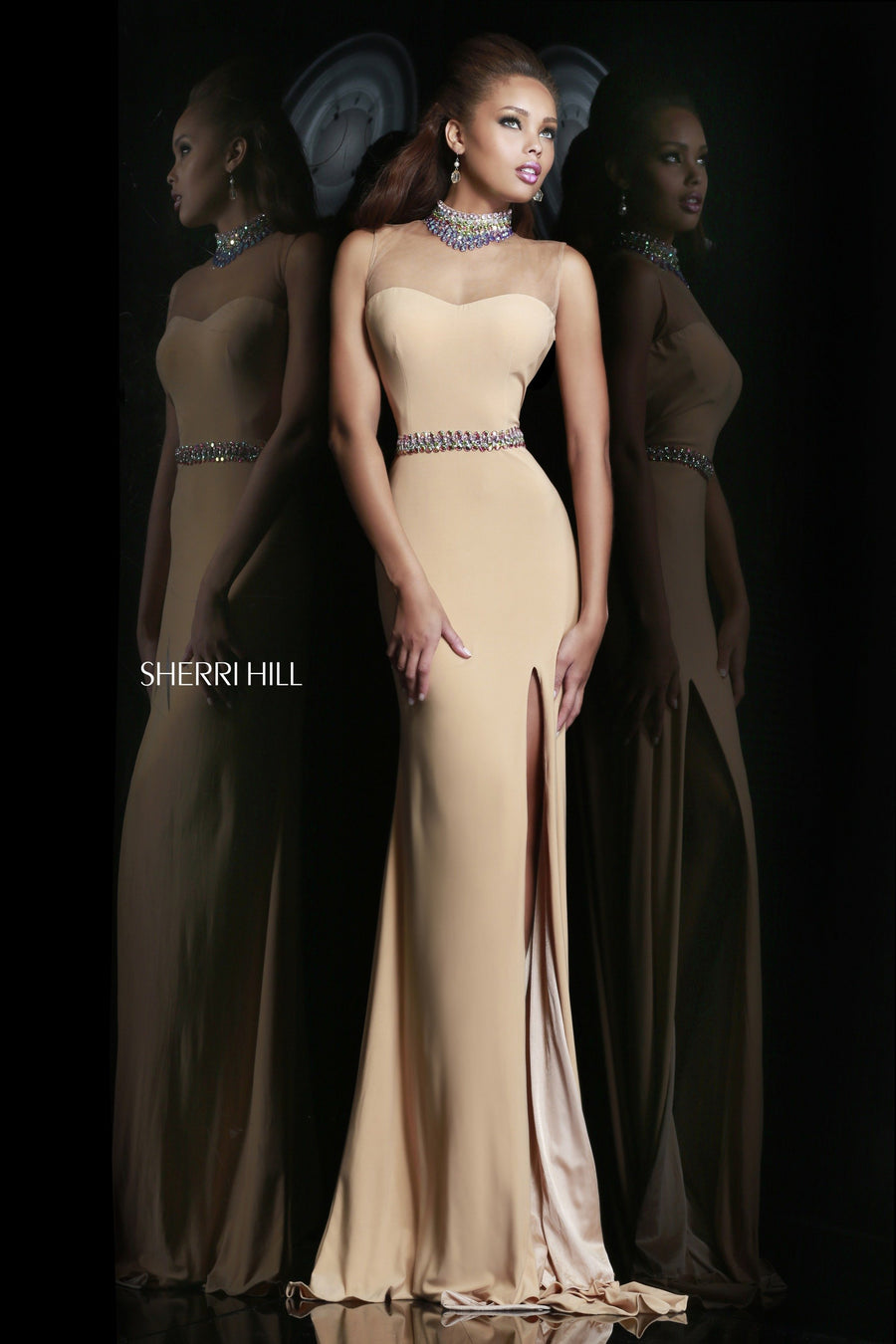 Sherri Hill style 4321 in nude/multi, High-Neck Fitted Gown with Slit