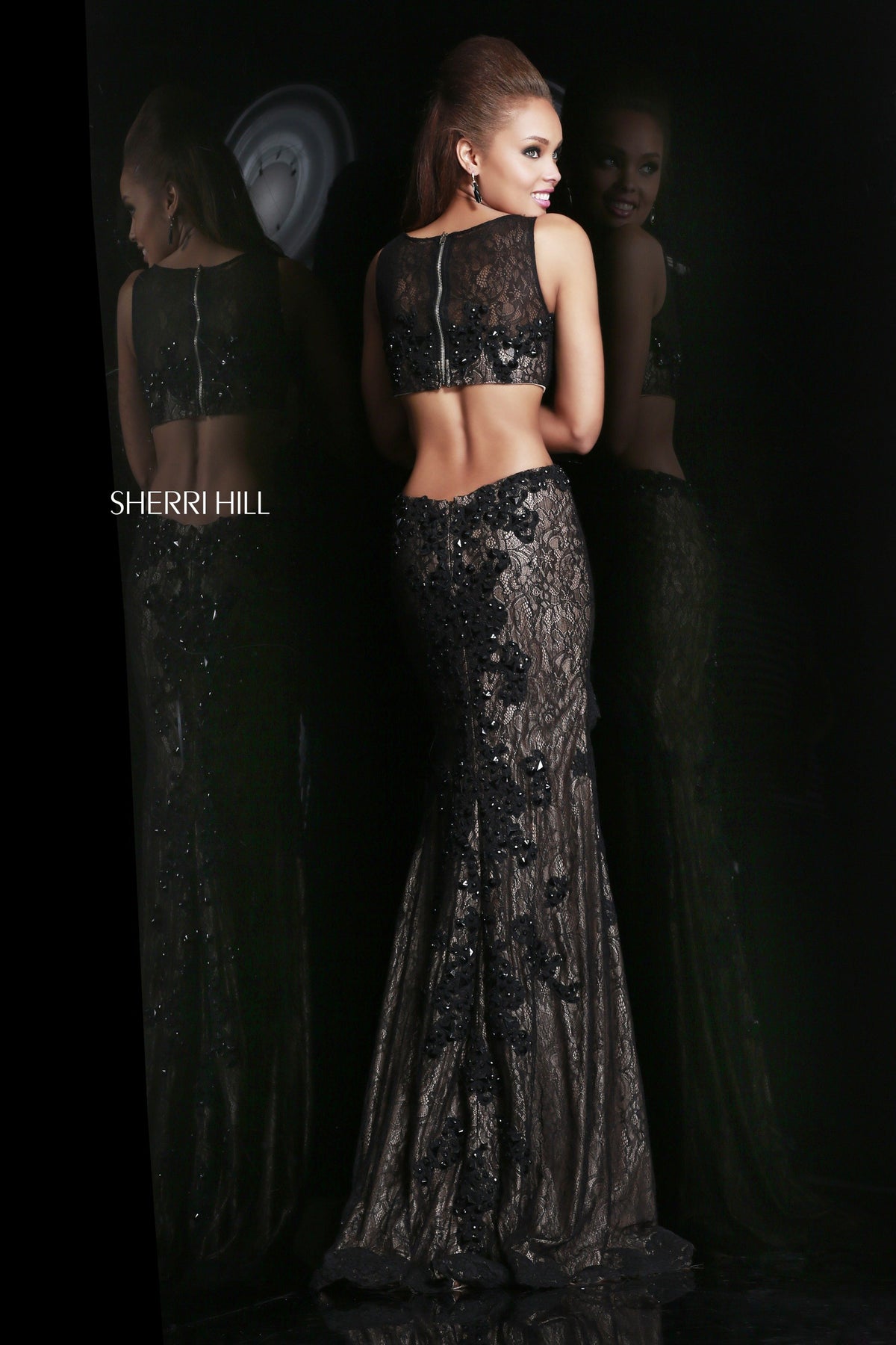 Sherri Hill 4324 lace fitted gown with cutouts and slit