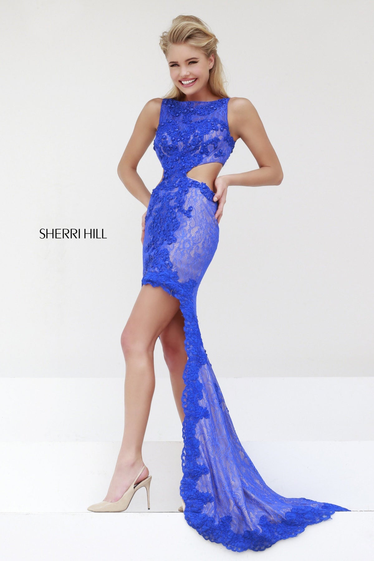 Sherri Hill 4324 lace fitted gown with cutouts and slit