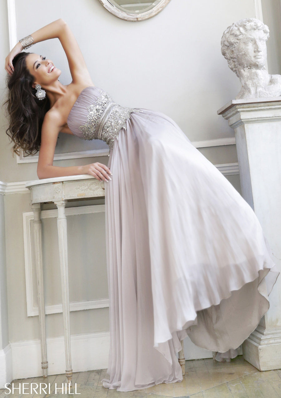 Sherri Hill style 4803 in light grey, Strapless Beaded High-Low Gown
