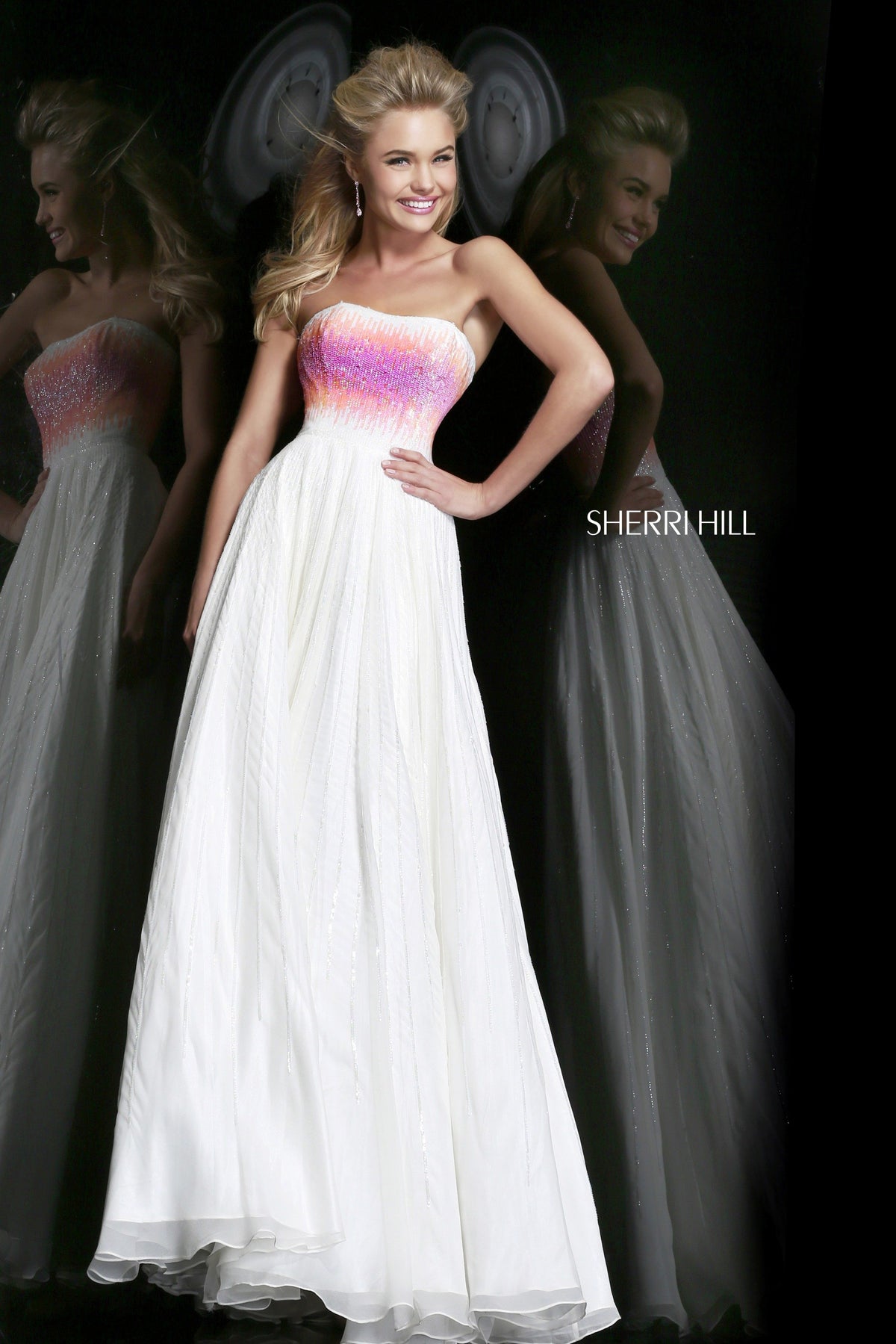 Sherri Hill 8535 strapless beaded chiffon gown in ivory/coral/pink