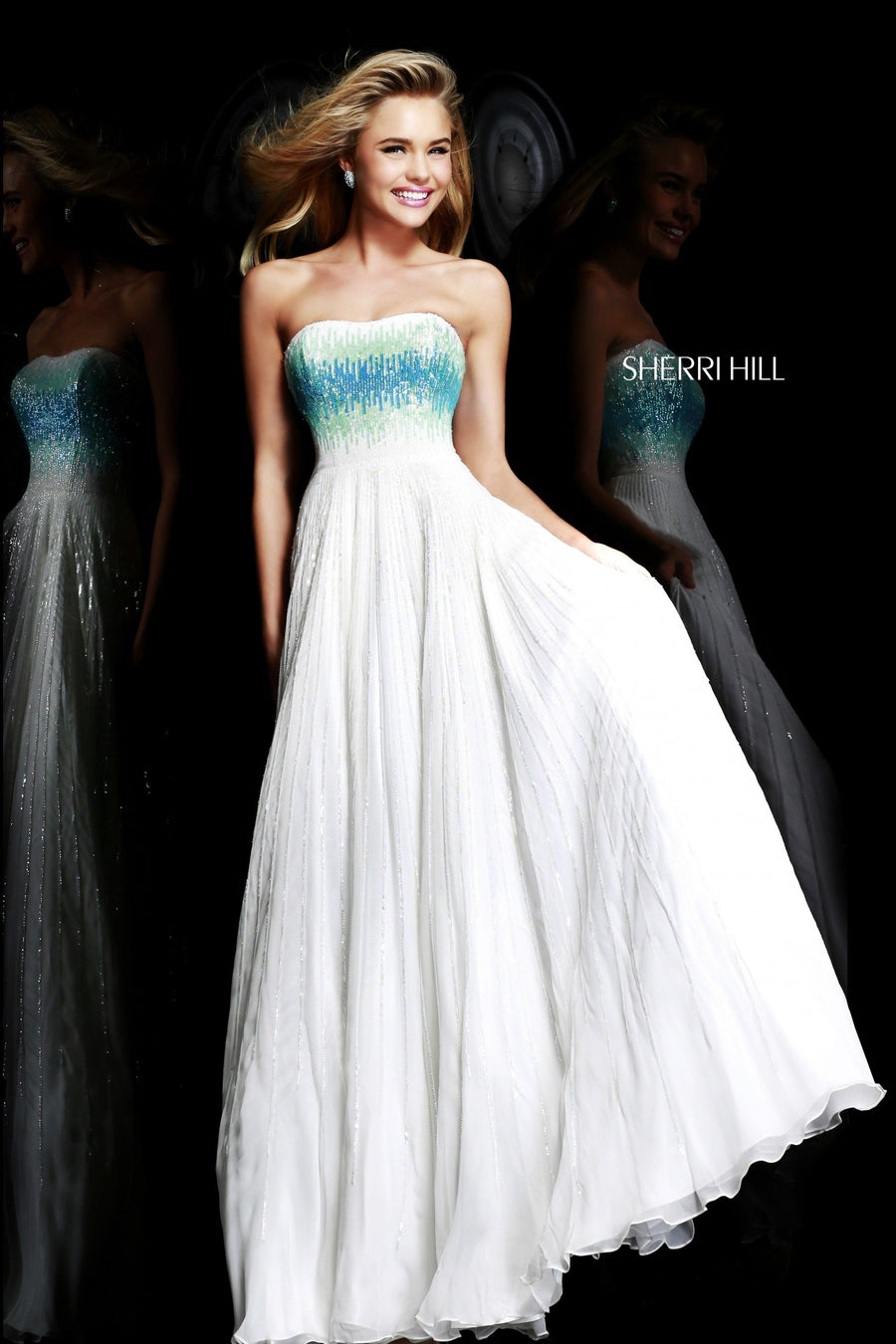 Sherri Hill style 8535 in ivory/green/pink, Strapless Beaded Chiffon Gown