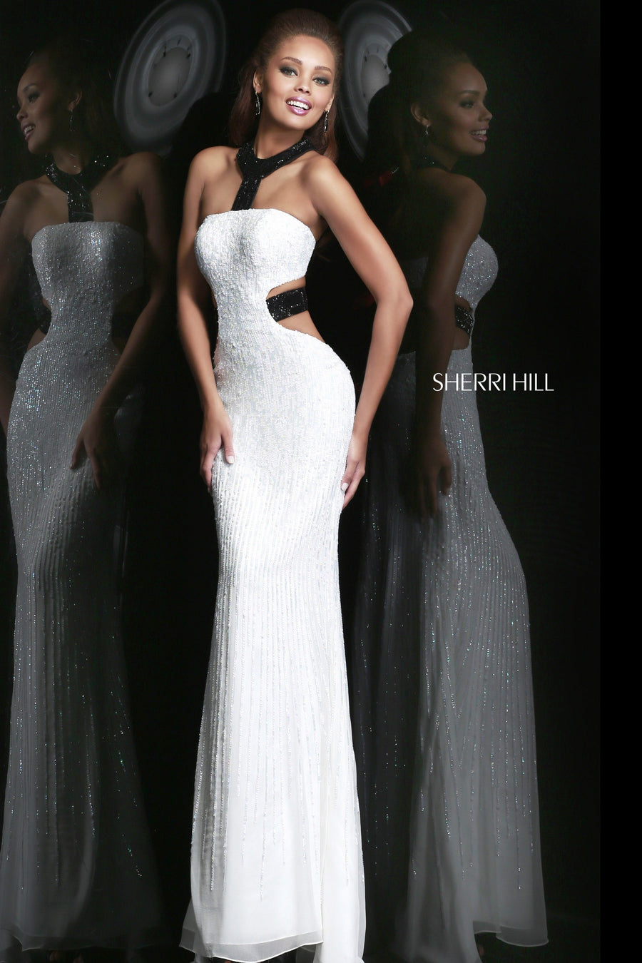 Sherri Hill style 8541 in white/black, Halter Fitted Jersey Gown