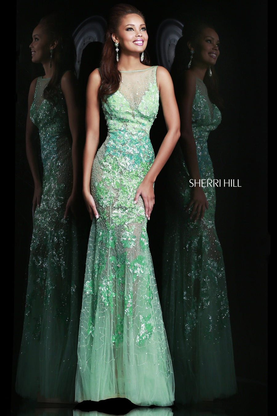 Sherri Hill style 9708 in mint, V-Neck Beaded Fitted Gown
