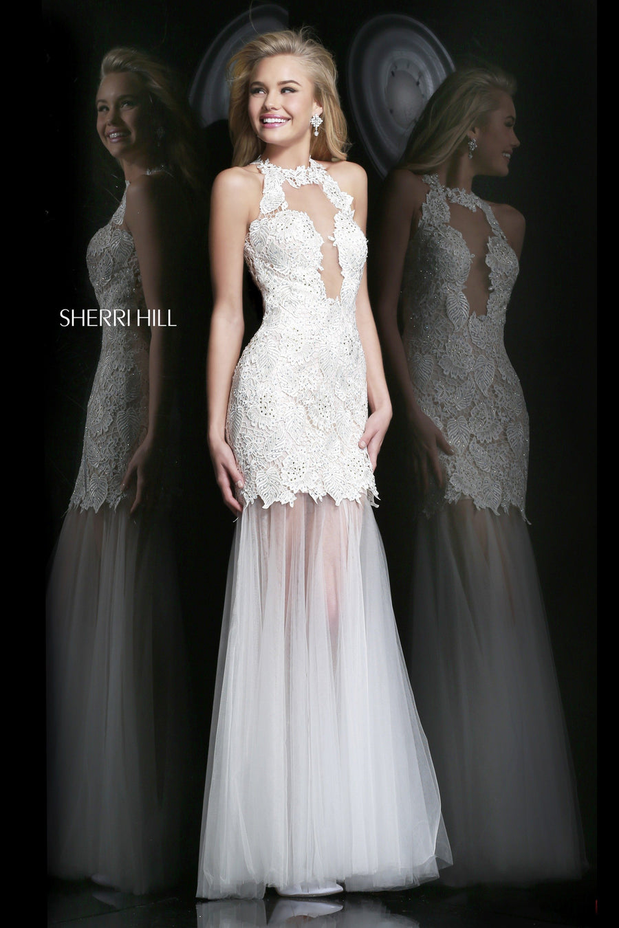 Sherri Hill style 9711 in black, Lace Fitted Gown with Sheer Tulle Skirt