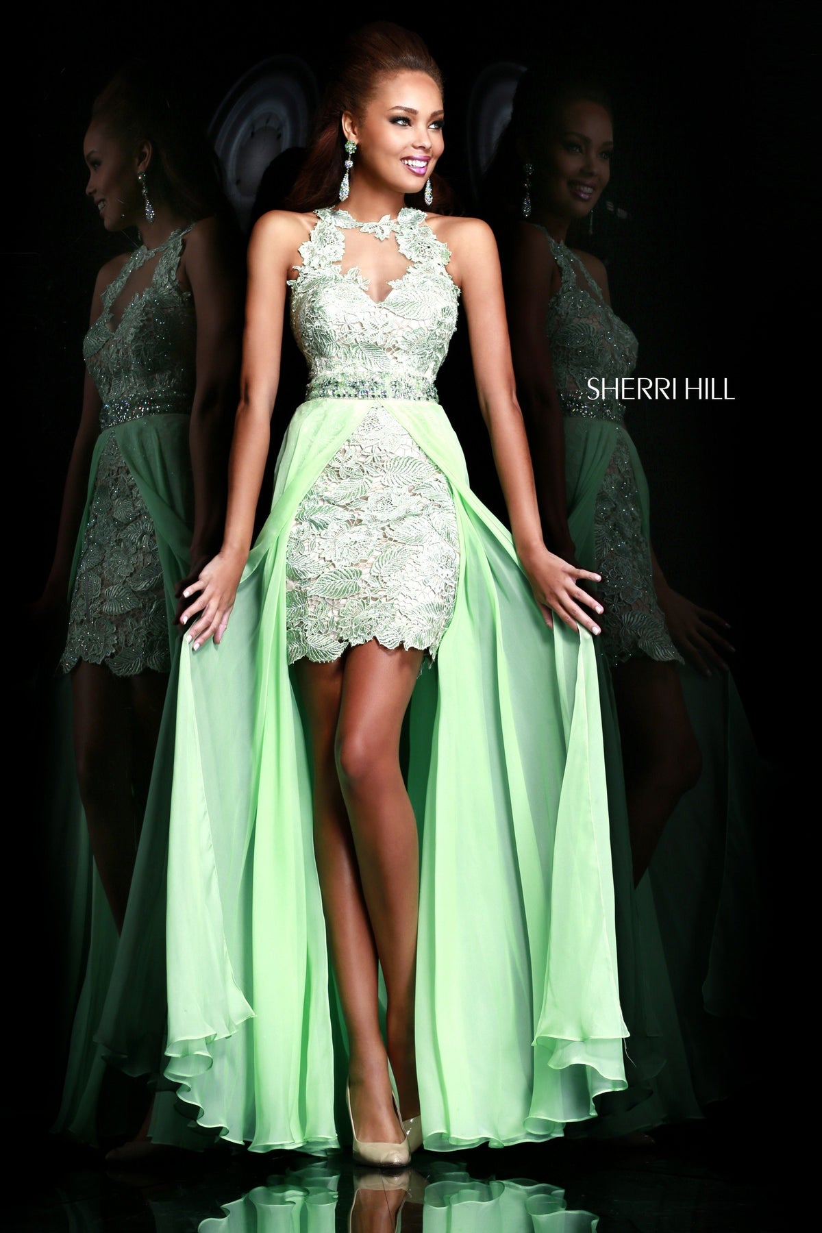 Sherri Hill 9713 lace fitted dress with chiffon overskirt in green