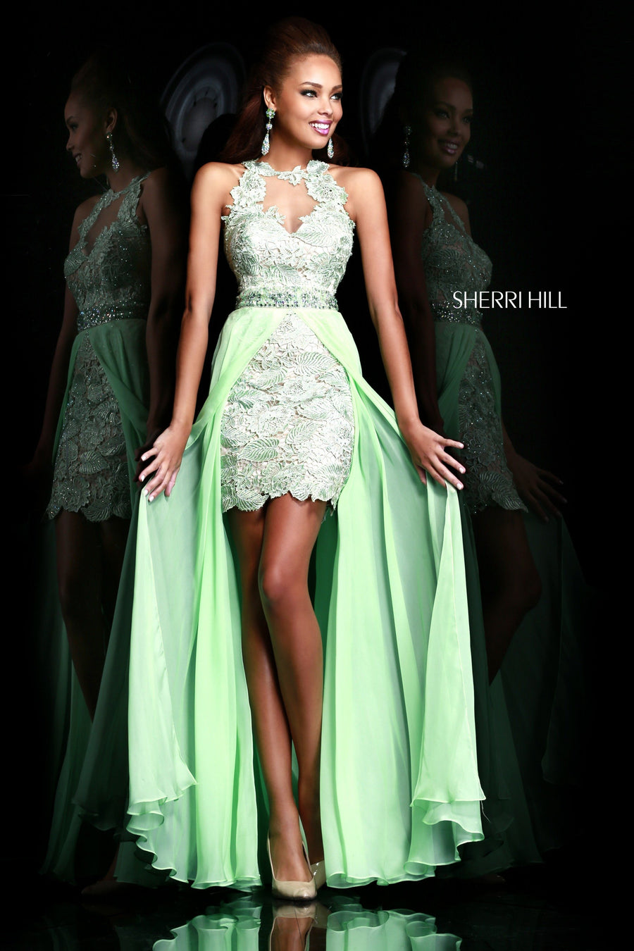 Sherri Hill style 9713 in green, Lace Fitted Dress with Chiffon Overskirt