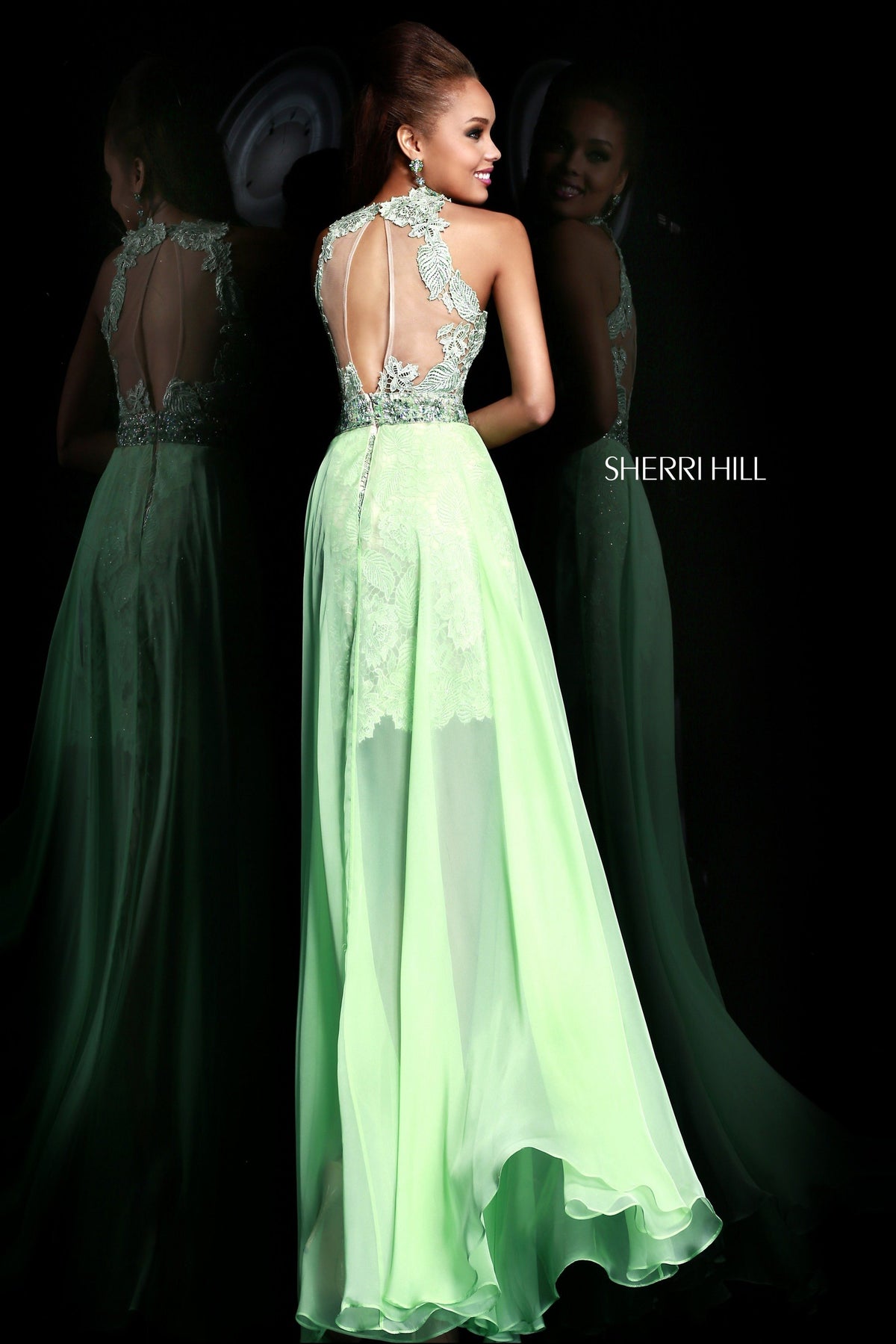 Sherri Hill 9713 lace fitted dress with chiffon overskirt