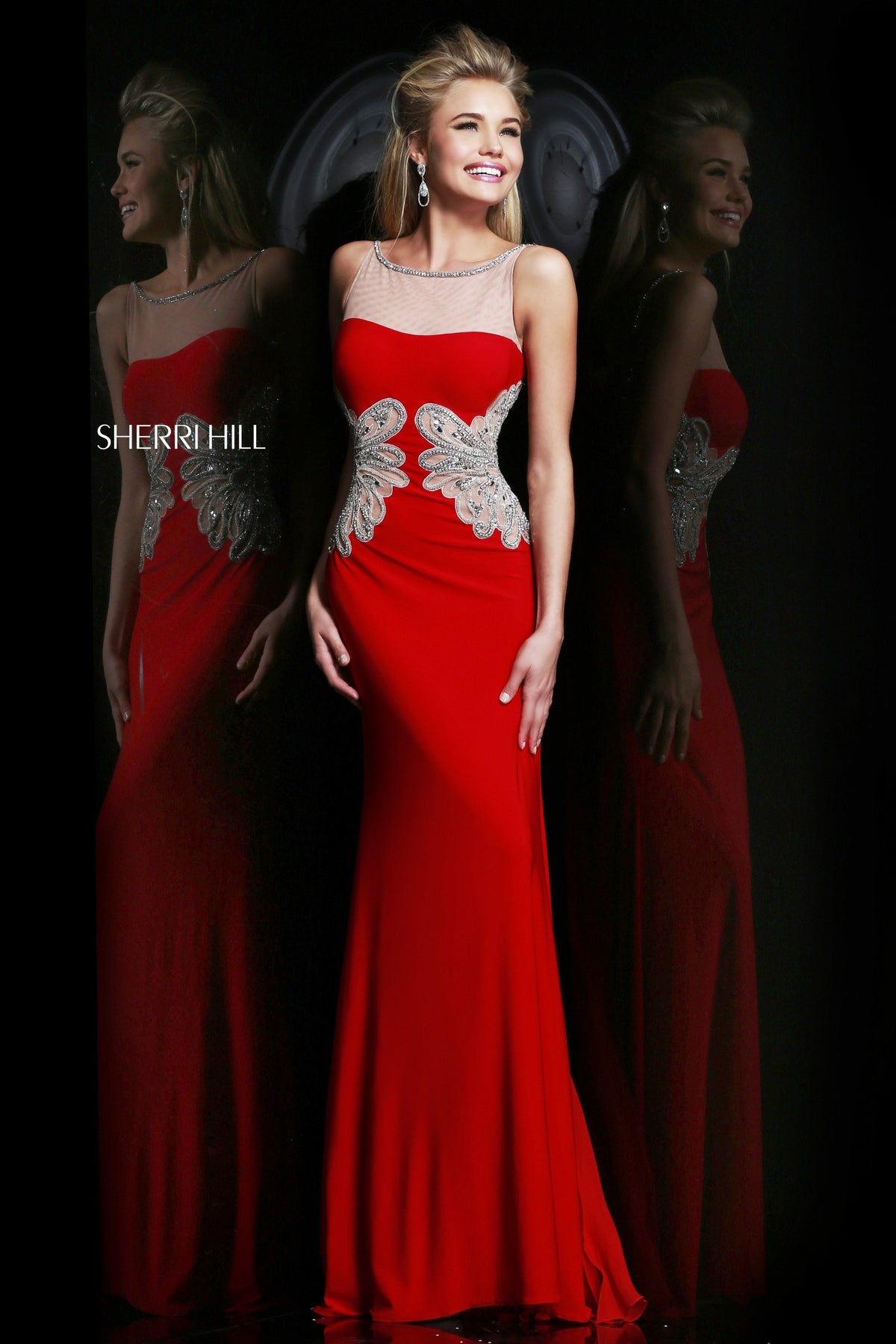 Sherri Hill 11030 strapless beaded fitted jersey gown in red