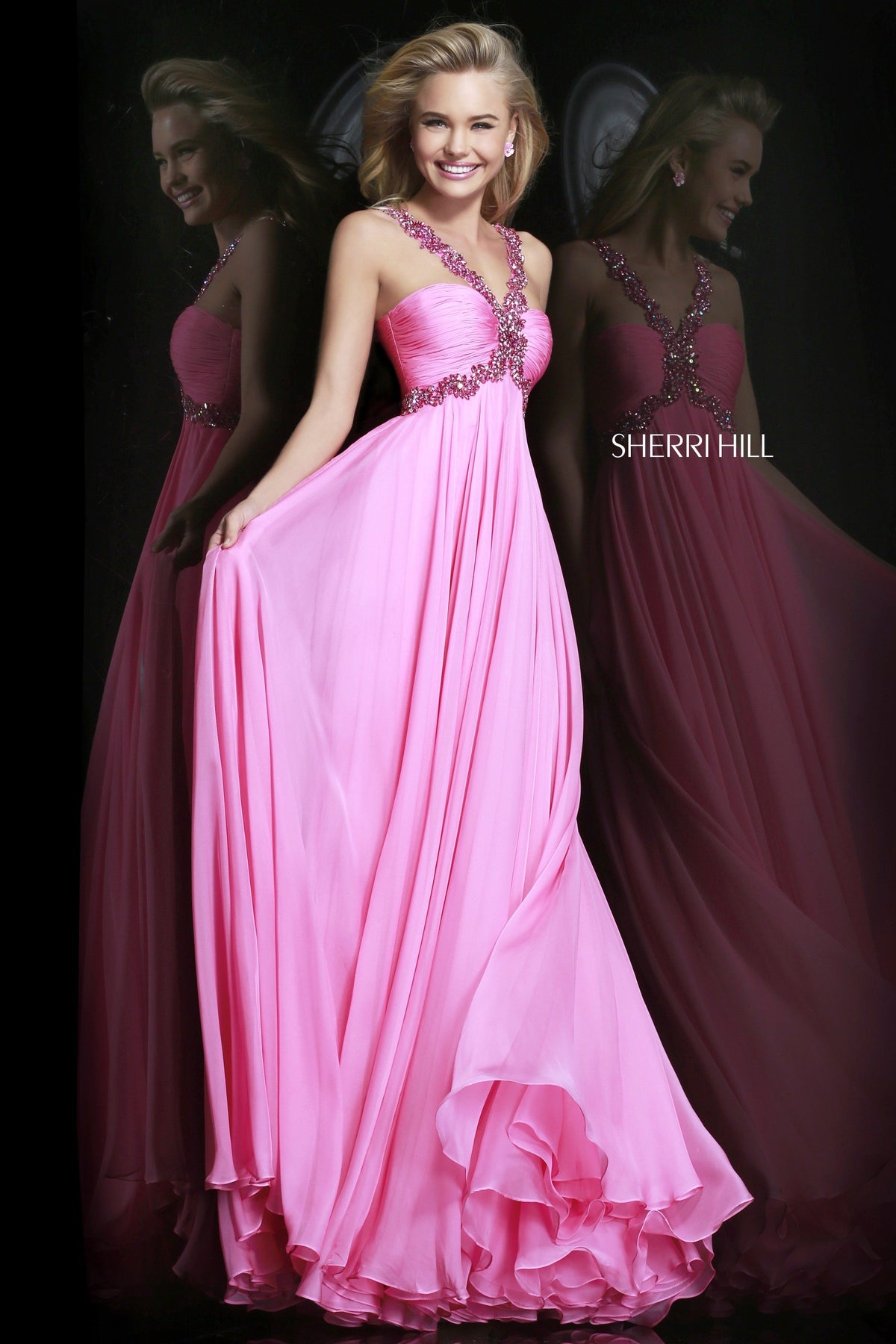 Sherri Hill 11072 one-shoulder chiffon gown in pink