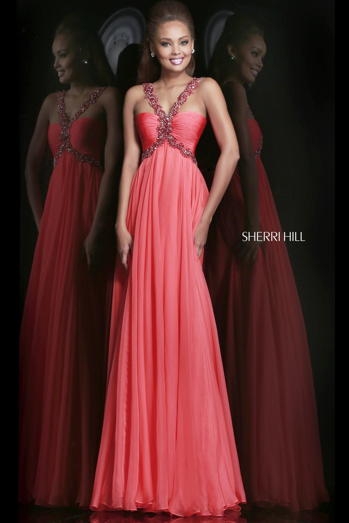 Sherri Hill 11072 one-shoulder chiffon gown in coral