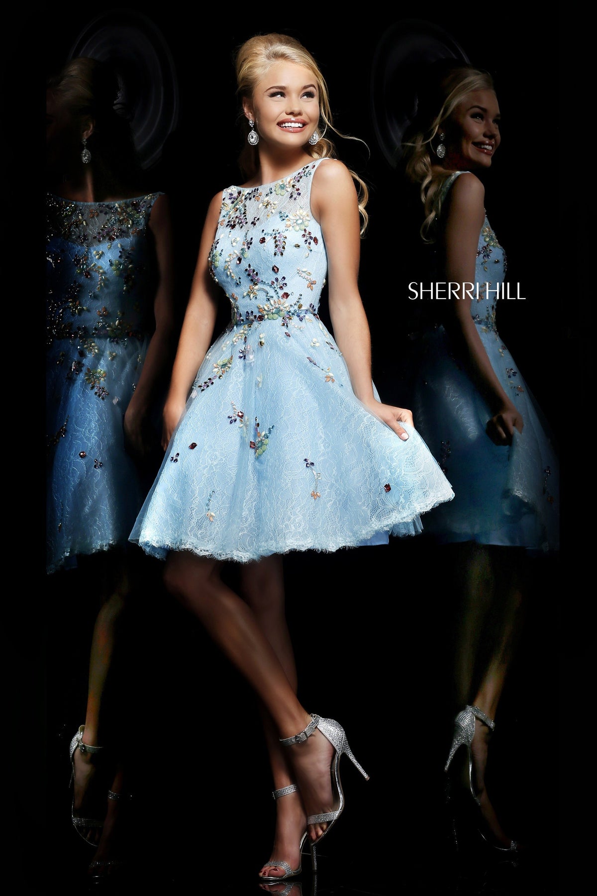 Sherri Hill 4305 beaded cocktail dress with full skirt in light blue/multi