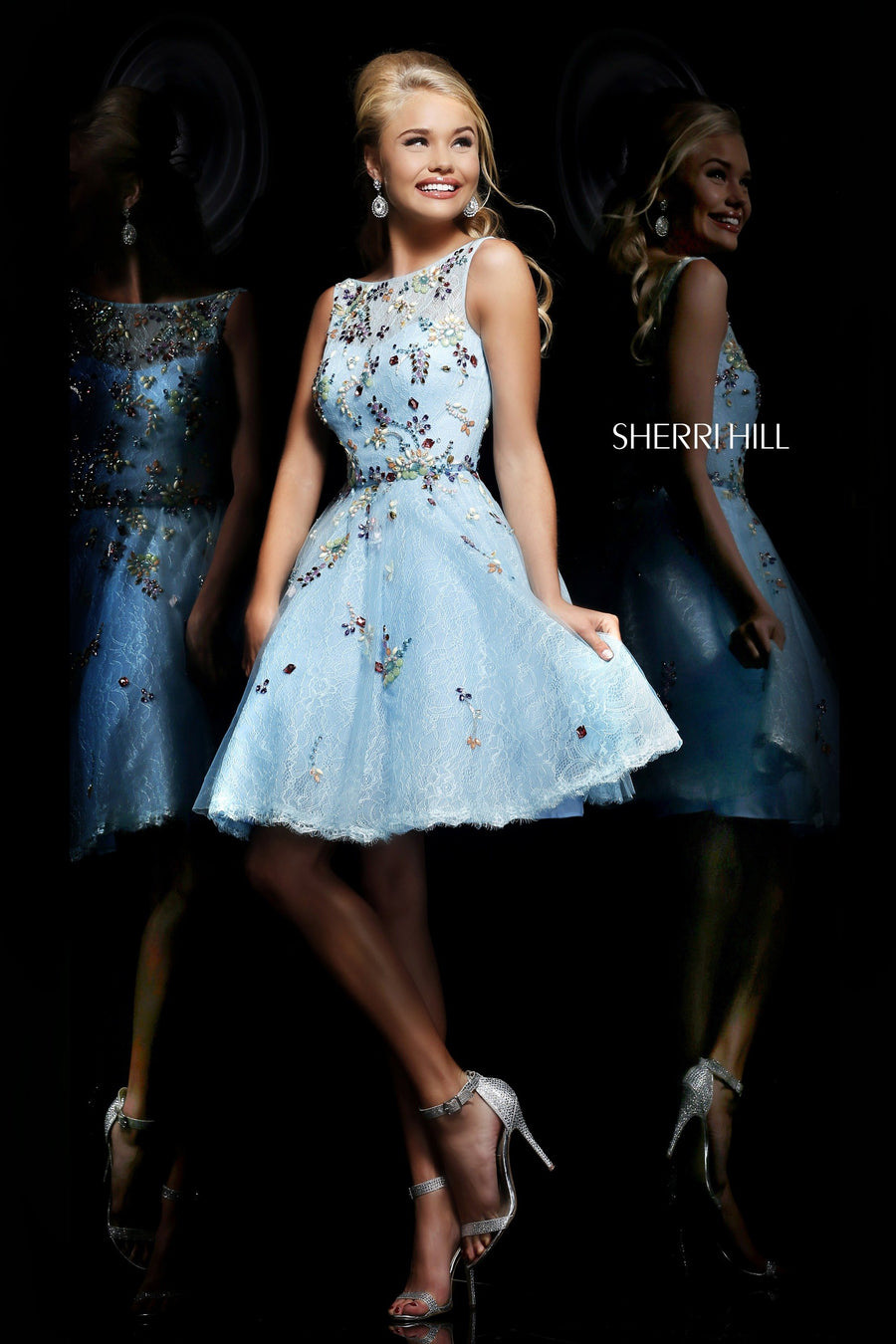 Sherri Hill style 4305 in blush/multi, Beaded Cocktail Dress with Full Skirt