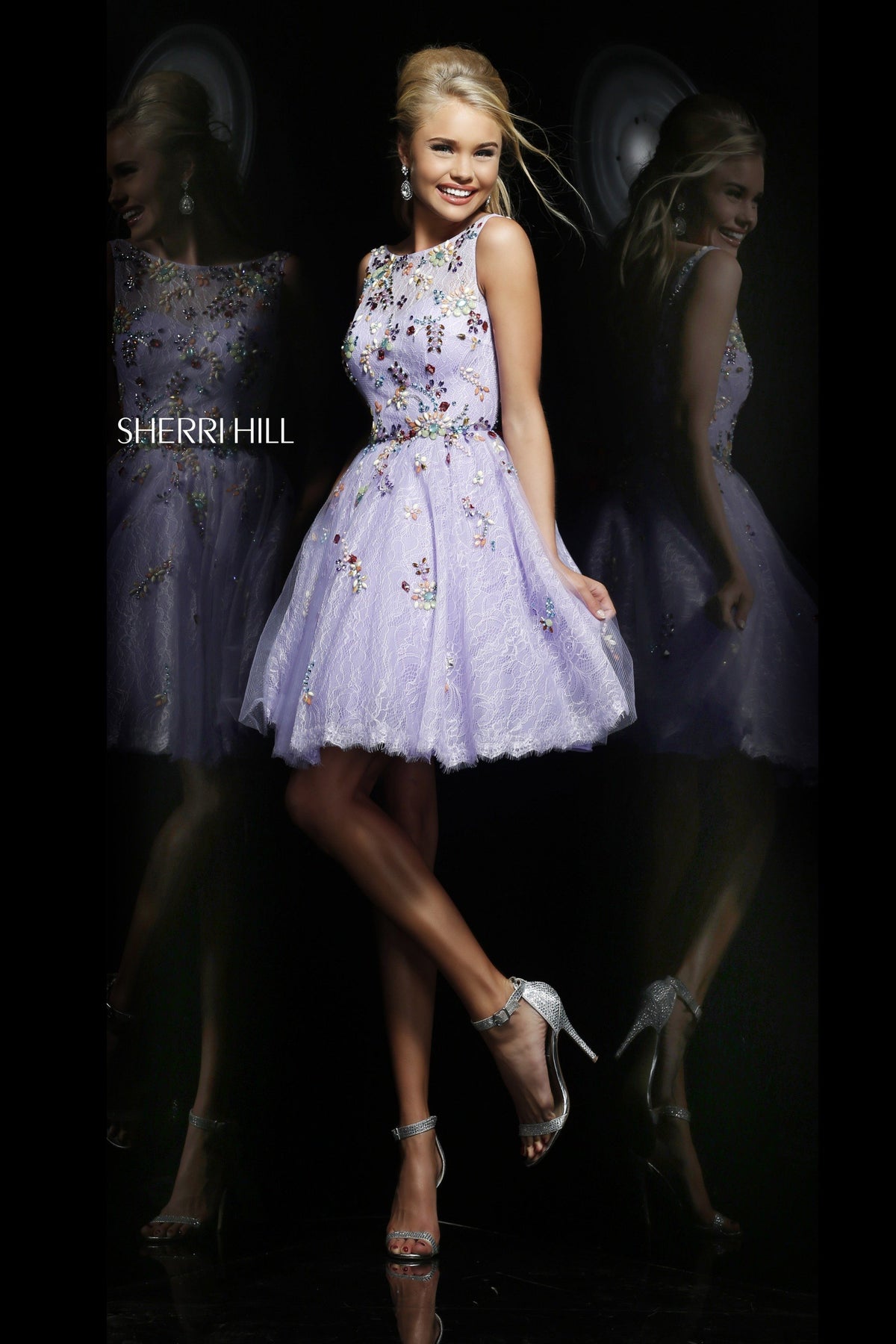 Sherri Hill 4305 beaded cocktail dress with full skirt in lilac/multi