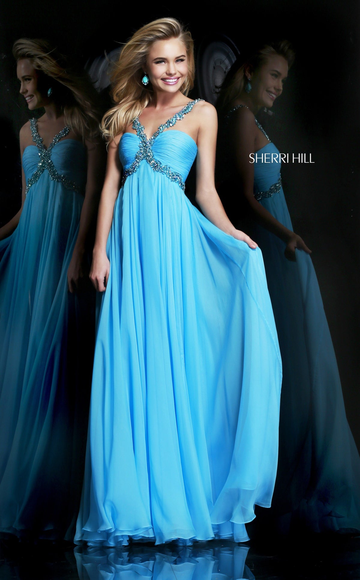 Sherri Hill 11072 one-shoulder chiffon gown in blue
