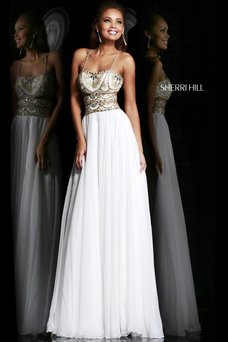 Sherri Hill style 11088 in ivory/gold, Sweetheart Beaded Chiffon Gown