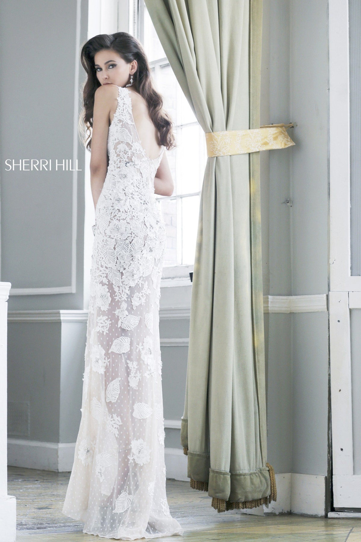 Sherri Hill 11127 lace fitted gown with sheer neckline