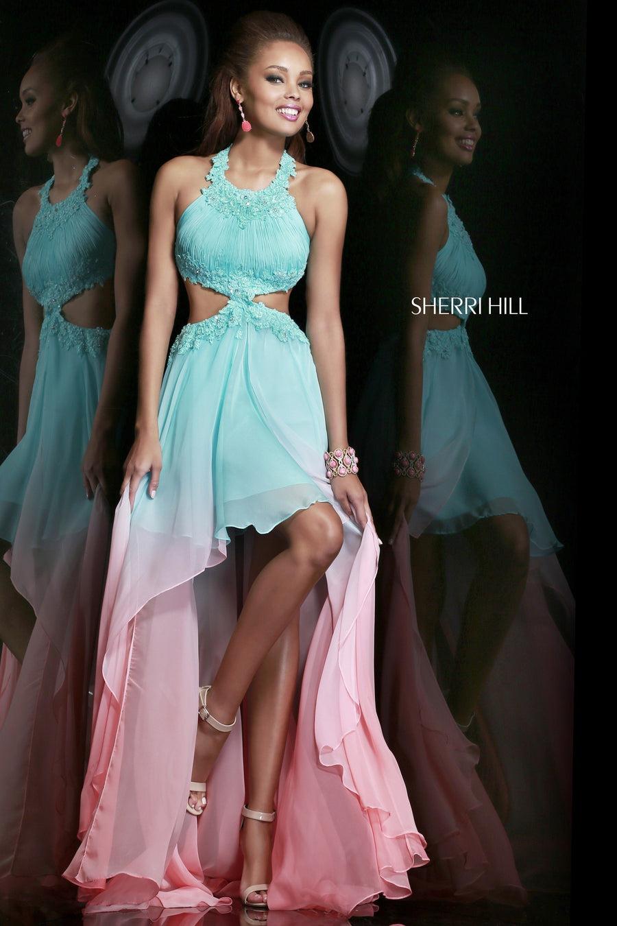 Sherri Hill style 11140 in coral/aqua