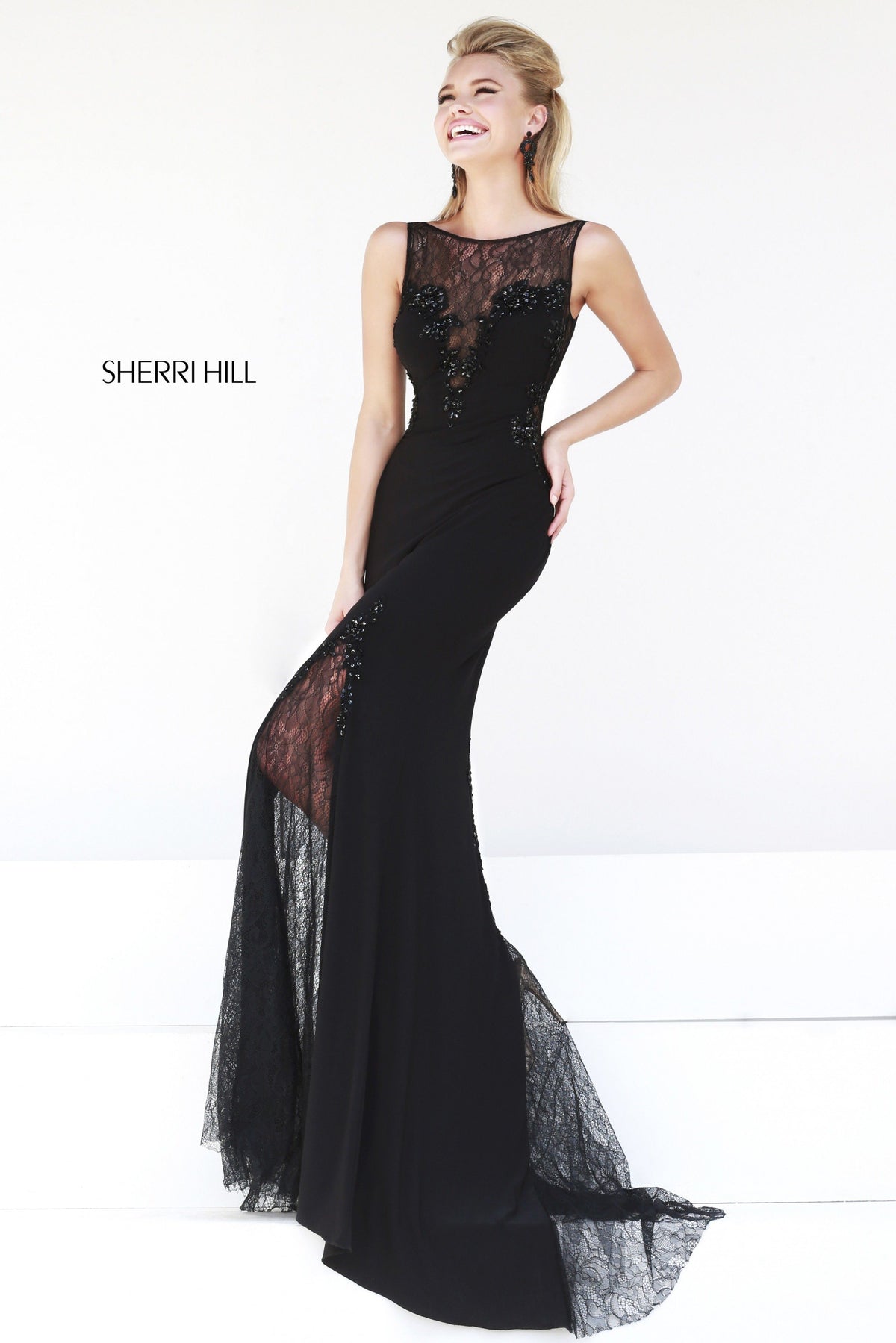 Sherri Hill 4312 fitted gown with sheer neckline in black