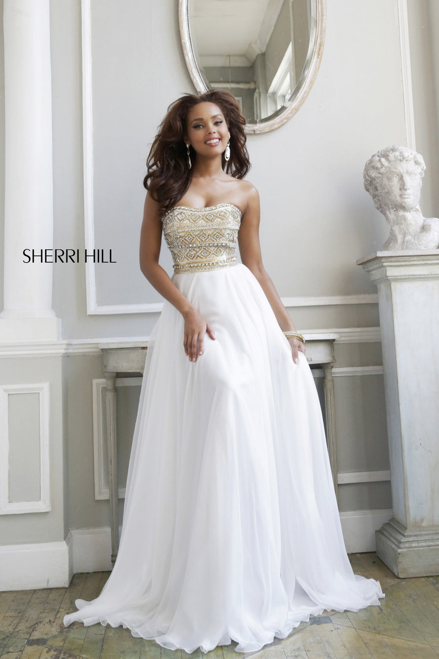 Sherri Hill style 11152 in ivory/gold, Strapless Beaded Chiffon Gown