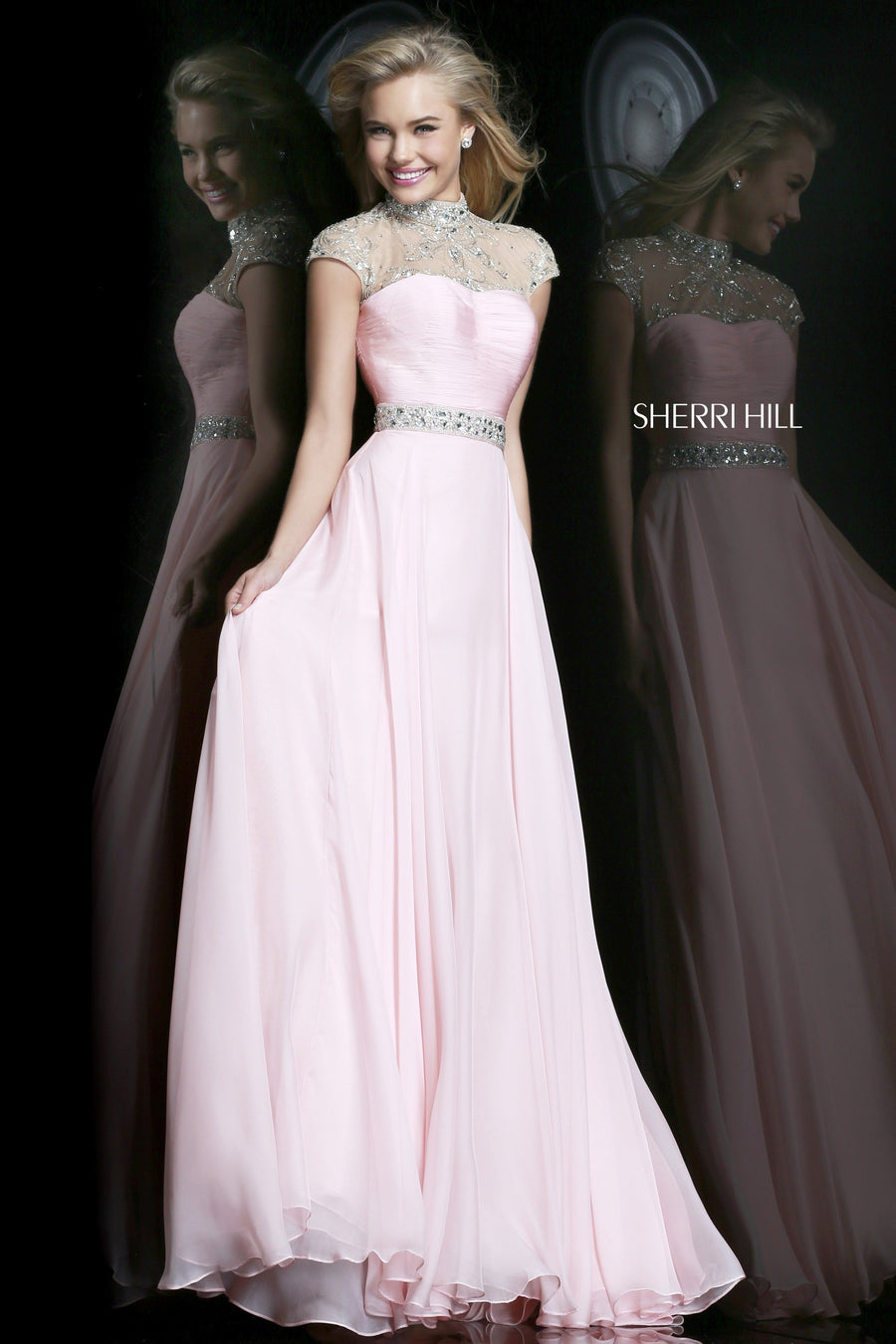 Sherri Hill style 21254 in royal/silver, Strapless Chiffon Gown with Beaded Neckline