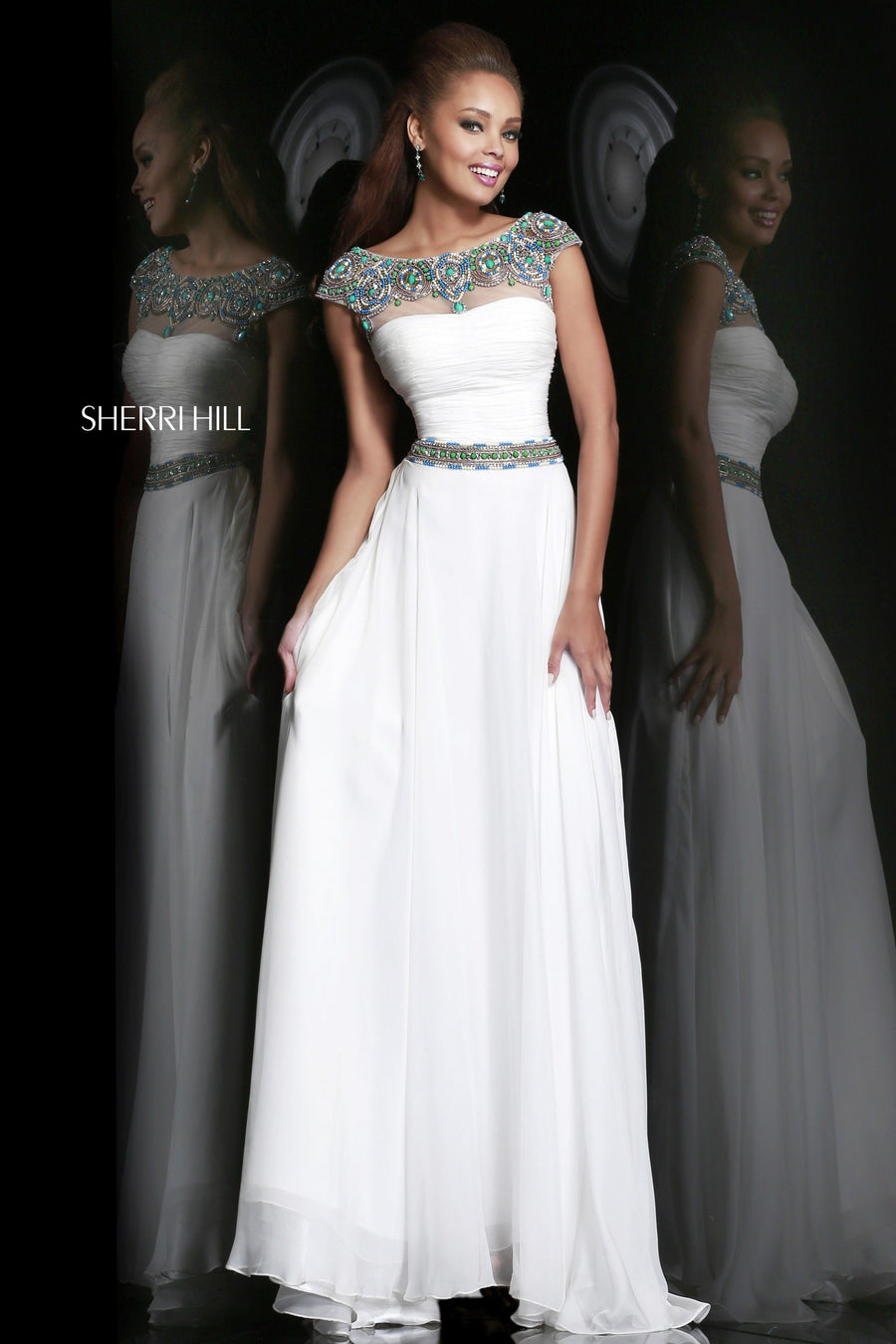 Sherri Hill style 21272 in ivory/multi, Cap-Sleeve Chiffon Gown with Beaded Bodice