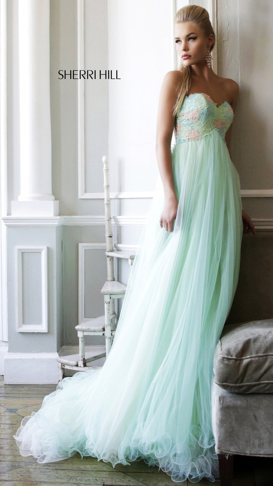 Sherri Hill style 21314 in green/aqua/peach, Strapless Beaded Tulle Gown with Train