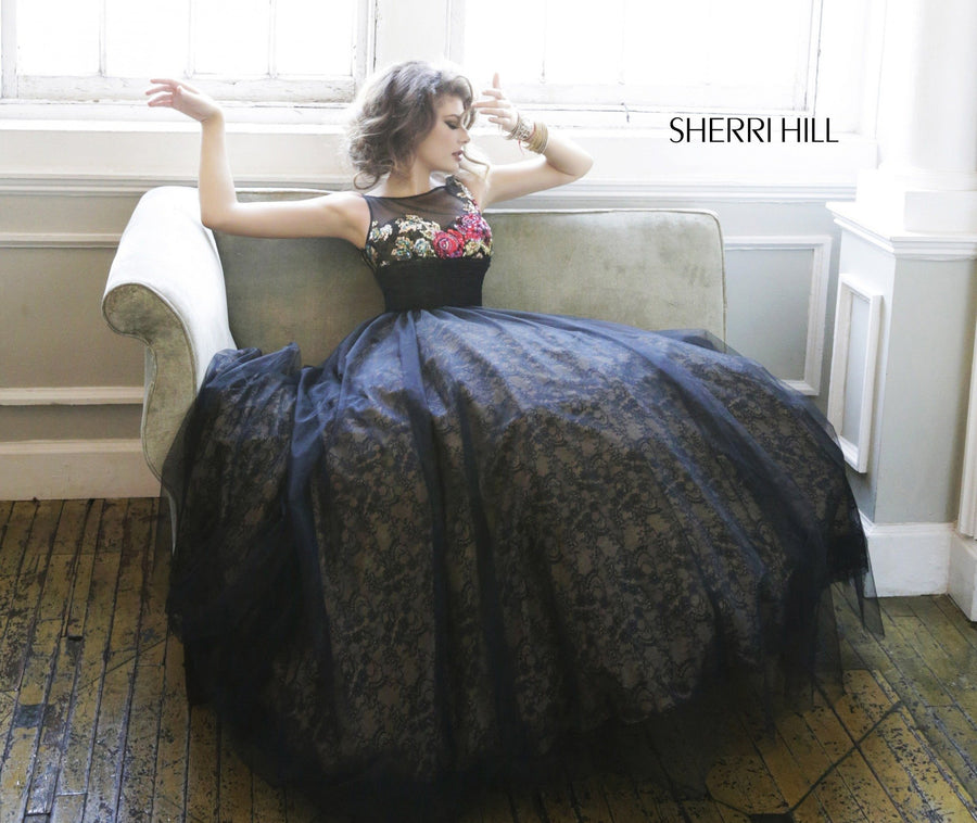 Sherri Hill style 21322 in black/nude/multi, Strapless Tulle Ball Gown