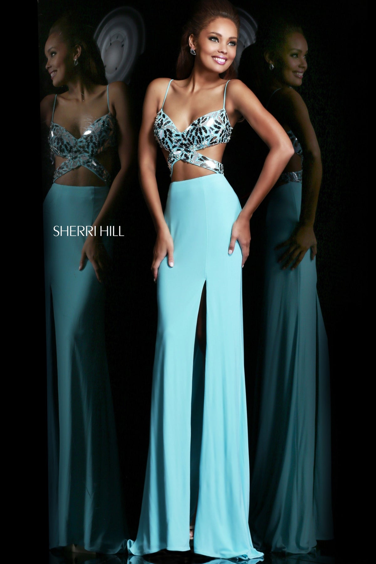Sherri Hill 21332 two-piece gown with beaded crop top and slit skirt in light blue/silver