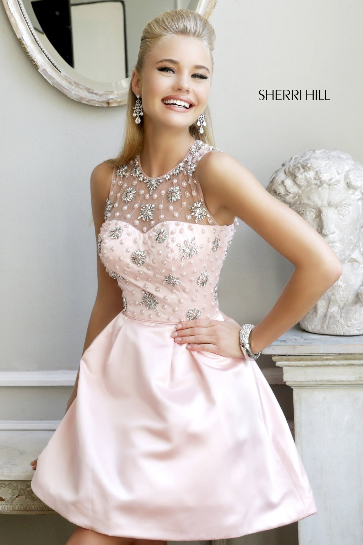 Sherri Hill 21323 high-neck beaded satin cocktail dress in blush/silver