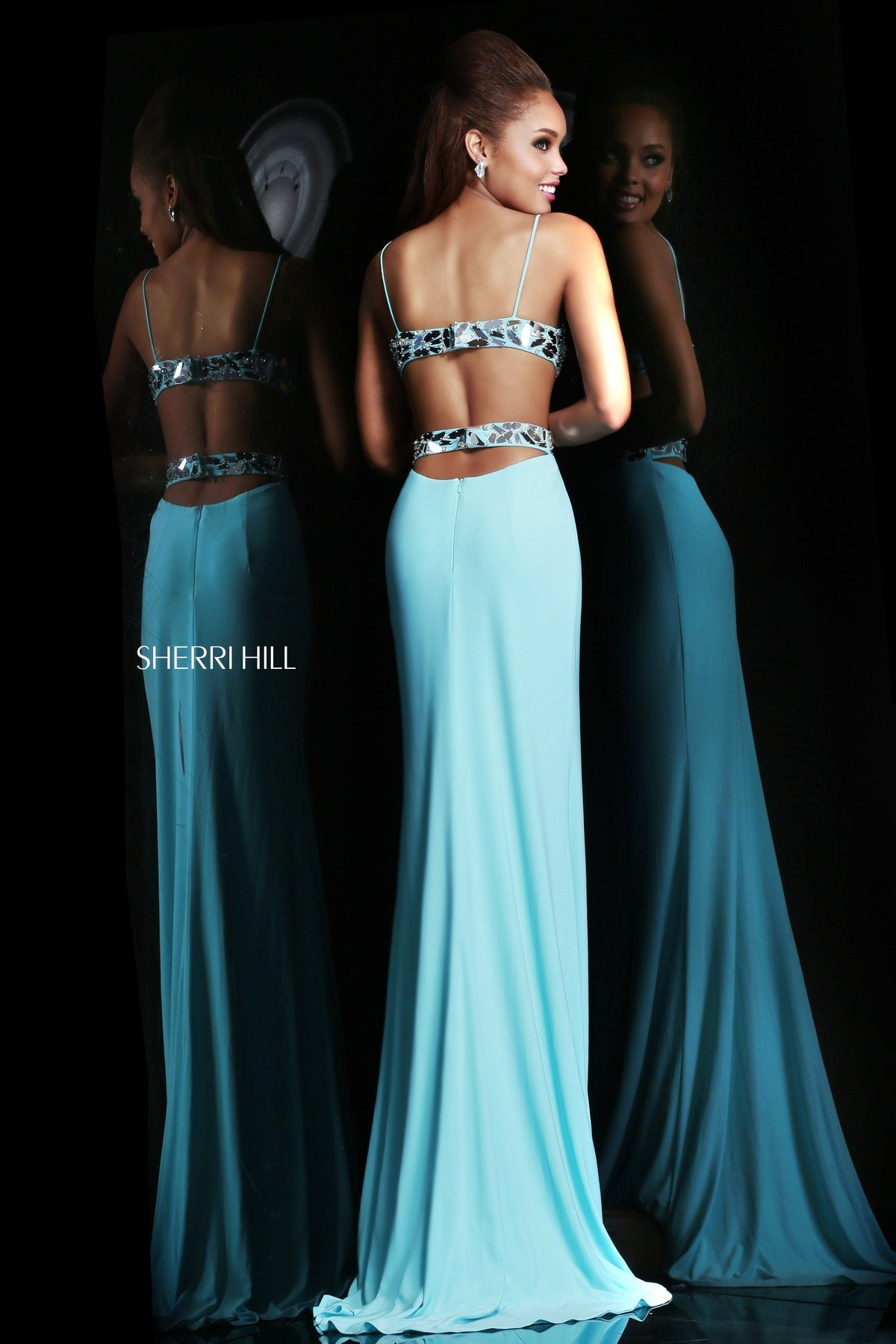 Sherri Hill 21332 two-piece gown with beaded crop top and slit skirt