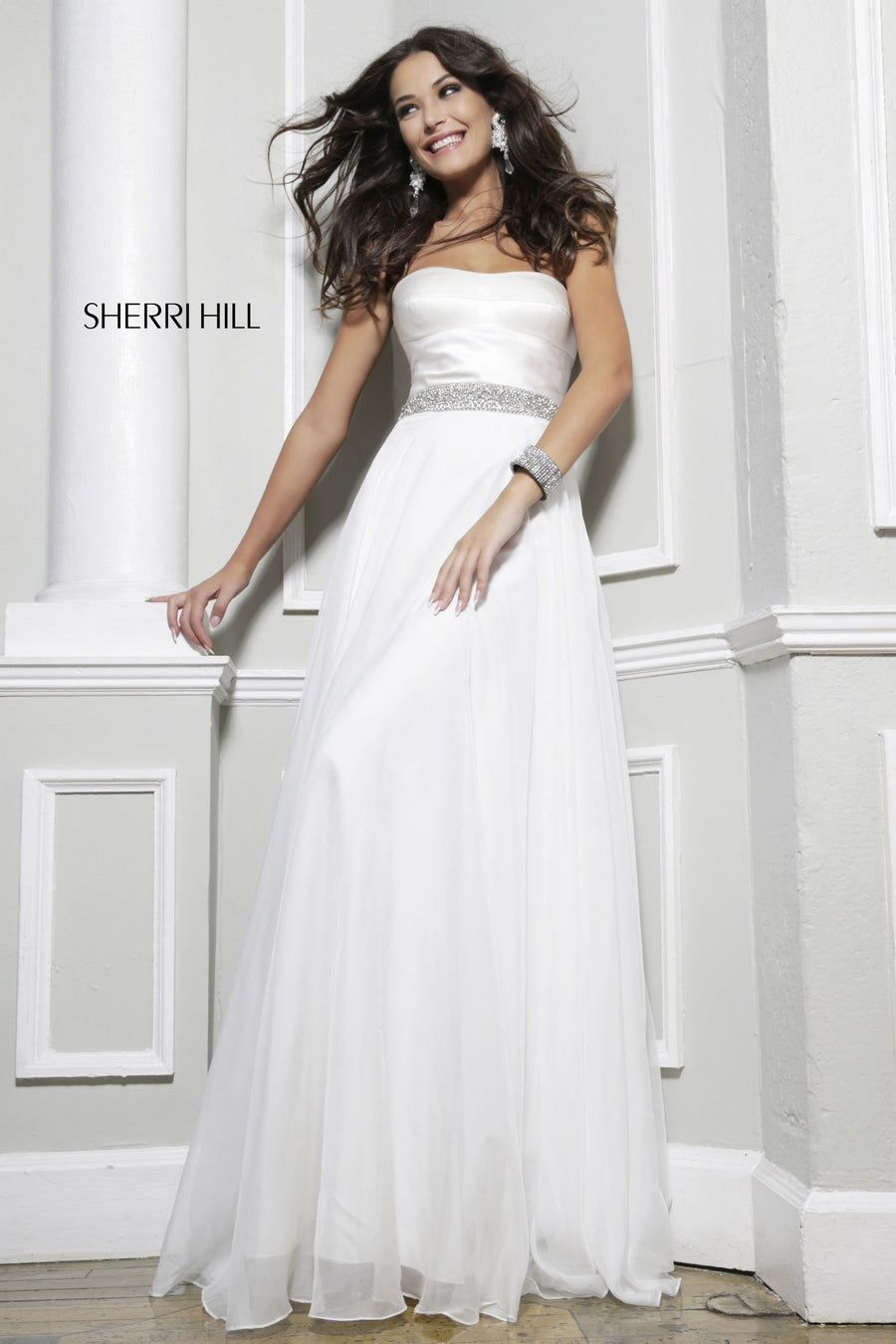 Sherri Hill style 21349 in red, Strapless Chiffon Gown with Beaded Waist