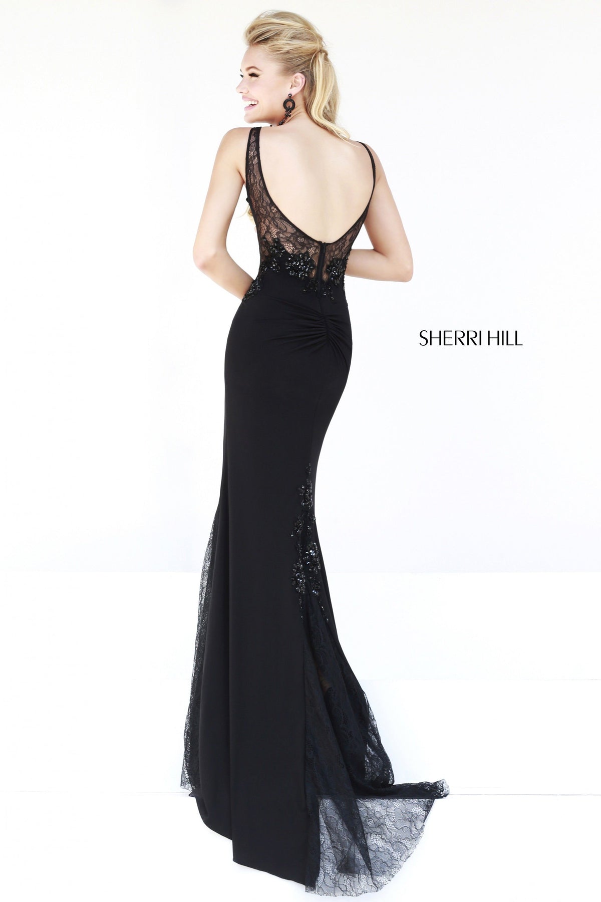 Sherri Hill 4312 fitted gown with sheer neckline in black