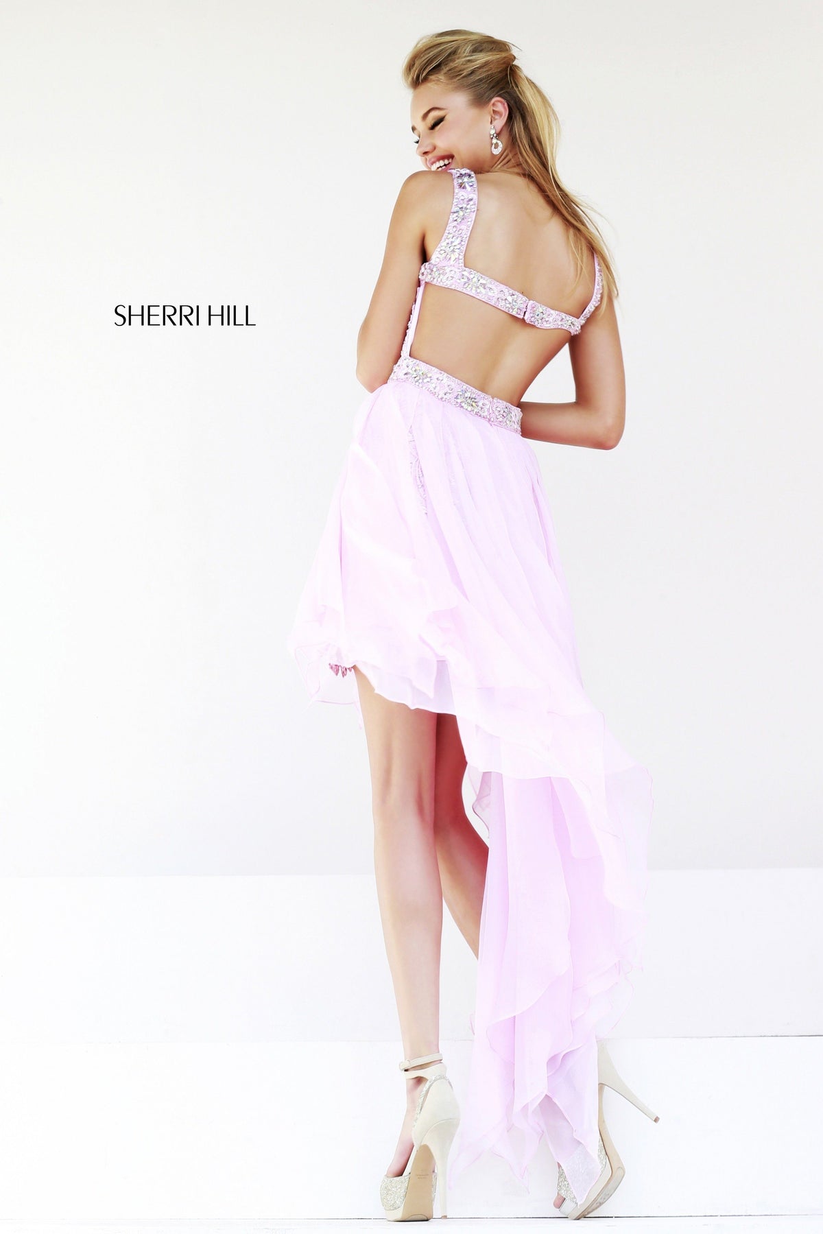 Sherri Hill 9712 strapless chiffon high-low dress in pink